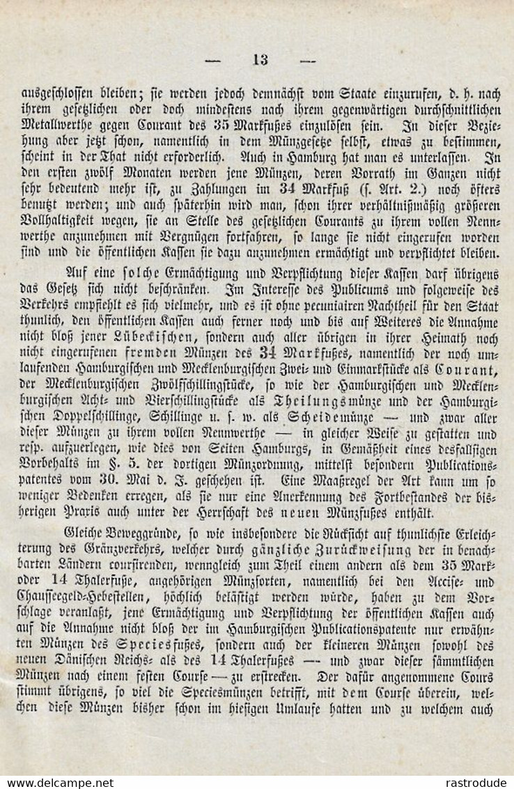 1856 LÜBECK DOKUMENT MÜNZGESETZ ENTWURF - EINFÜHRUING DES PREUSSISCHEN THALERS - SELTEN