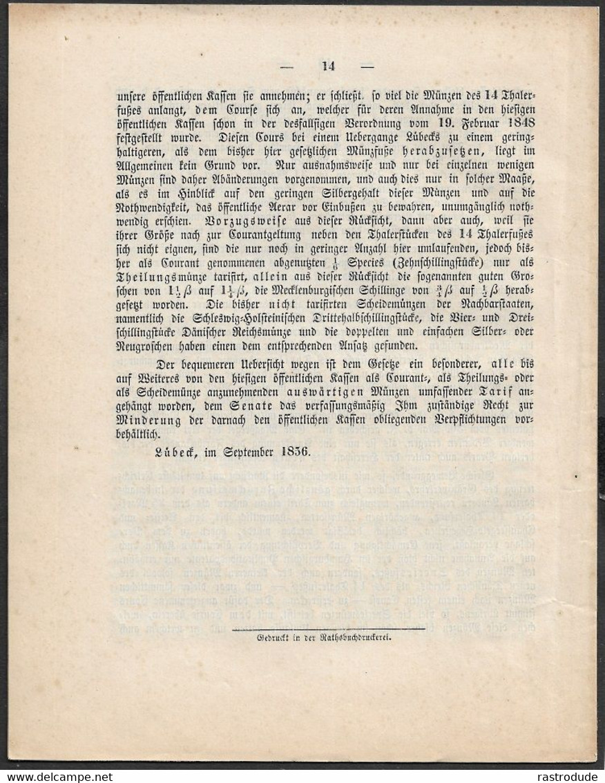 1856 LÜBECK DOKUMENT MÜNZGESETZ ENTWURF - EINFÜHRUING DES PREUSSISCHEN THALERS - SELTEN