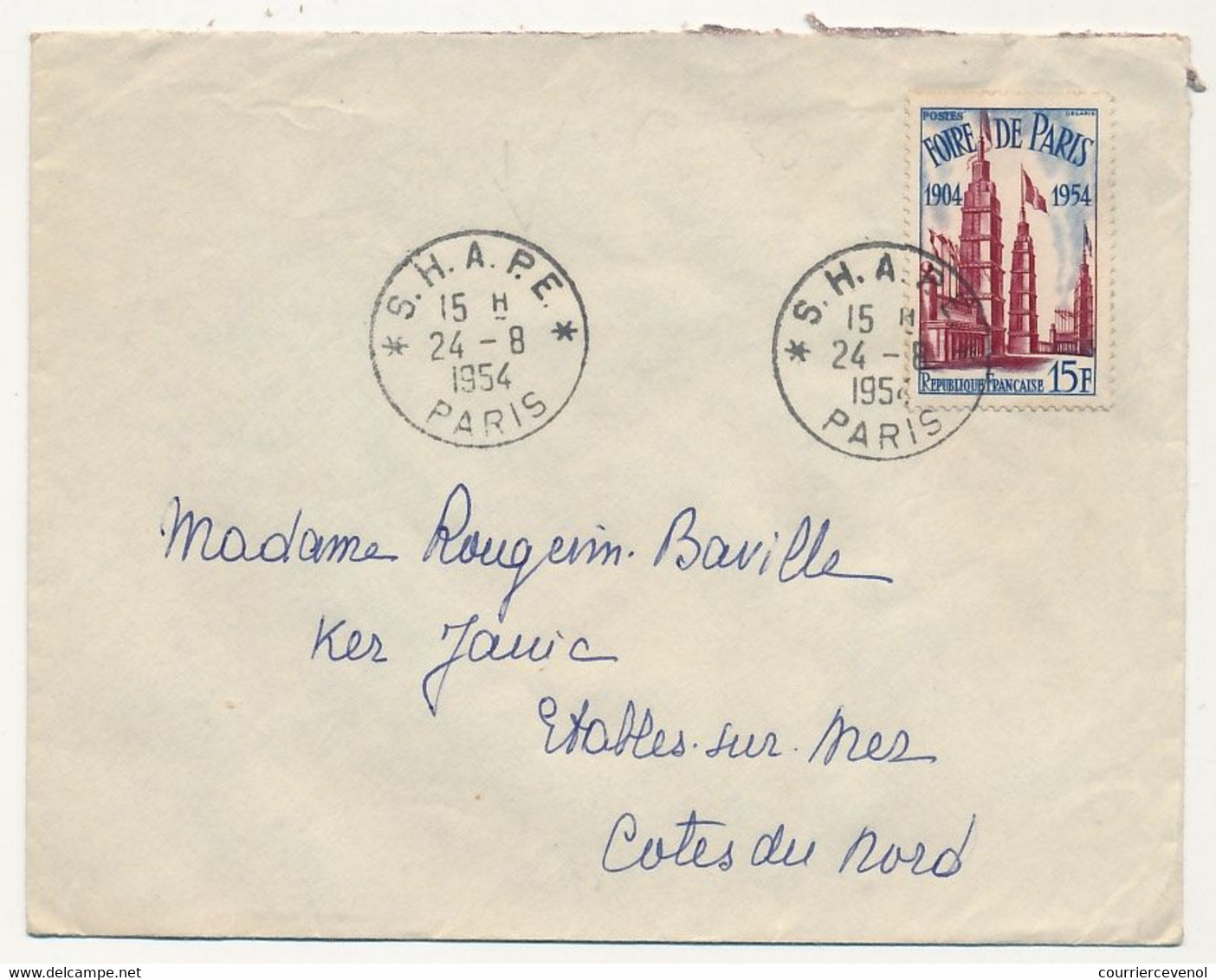 FRANCE - Env Affr 15F Foire De Paris, Obl "S.H.A.P.E. PARIS" 24/8/1954 - Briefe U. Dokumente