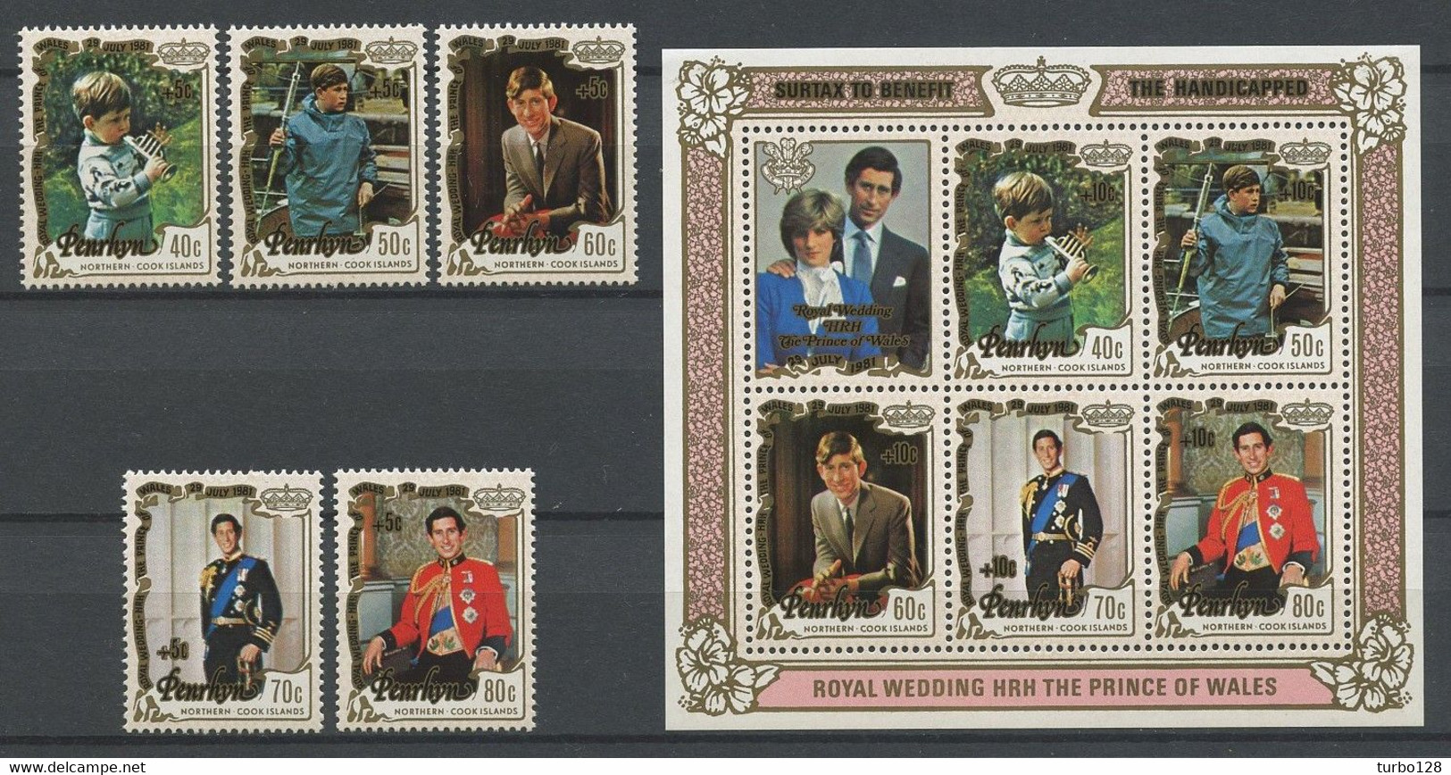 PENRHIN 1981 N° 196/200 Bloc 33 ** Neufs MNH  Superbes C 14,50 € Prince Charles Surchargés Lady Diana Bateau Yacht - Penrhyn