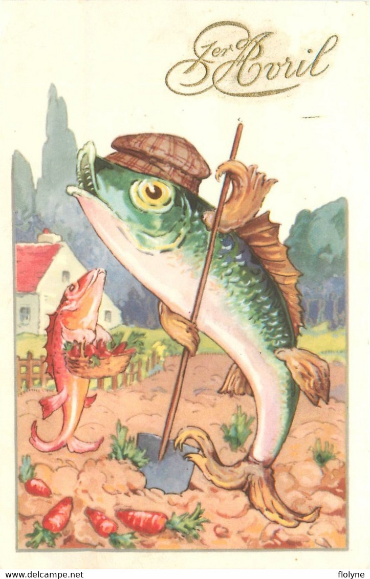1er Avril - Cpa Illustrateur - Poissons Humanisés S'adonnant Au Jardinage - Fish - April Fool's Day