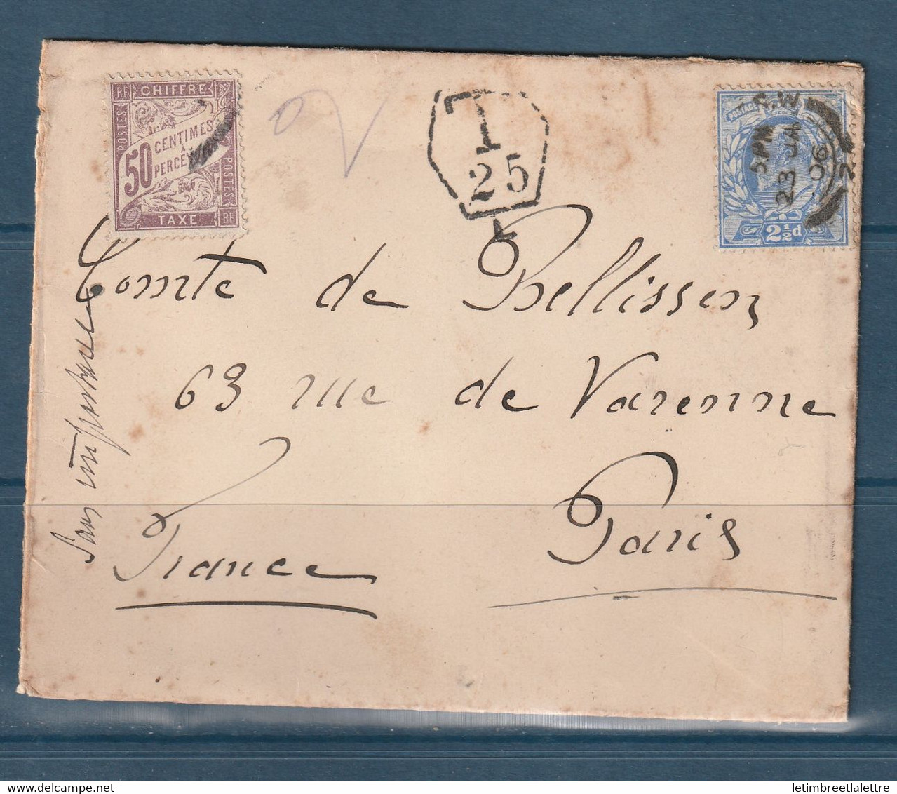 ⭐ France - Lettre Taxée - Taxe YT N° 37  Pour Paris - Avec Cachet T 25 - 1906 ⭐ - Posttarife