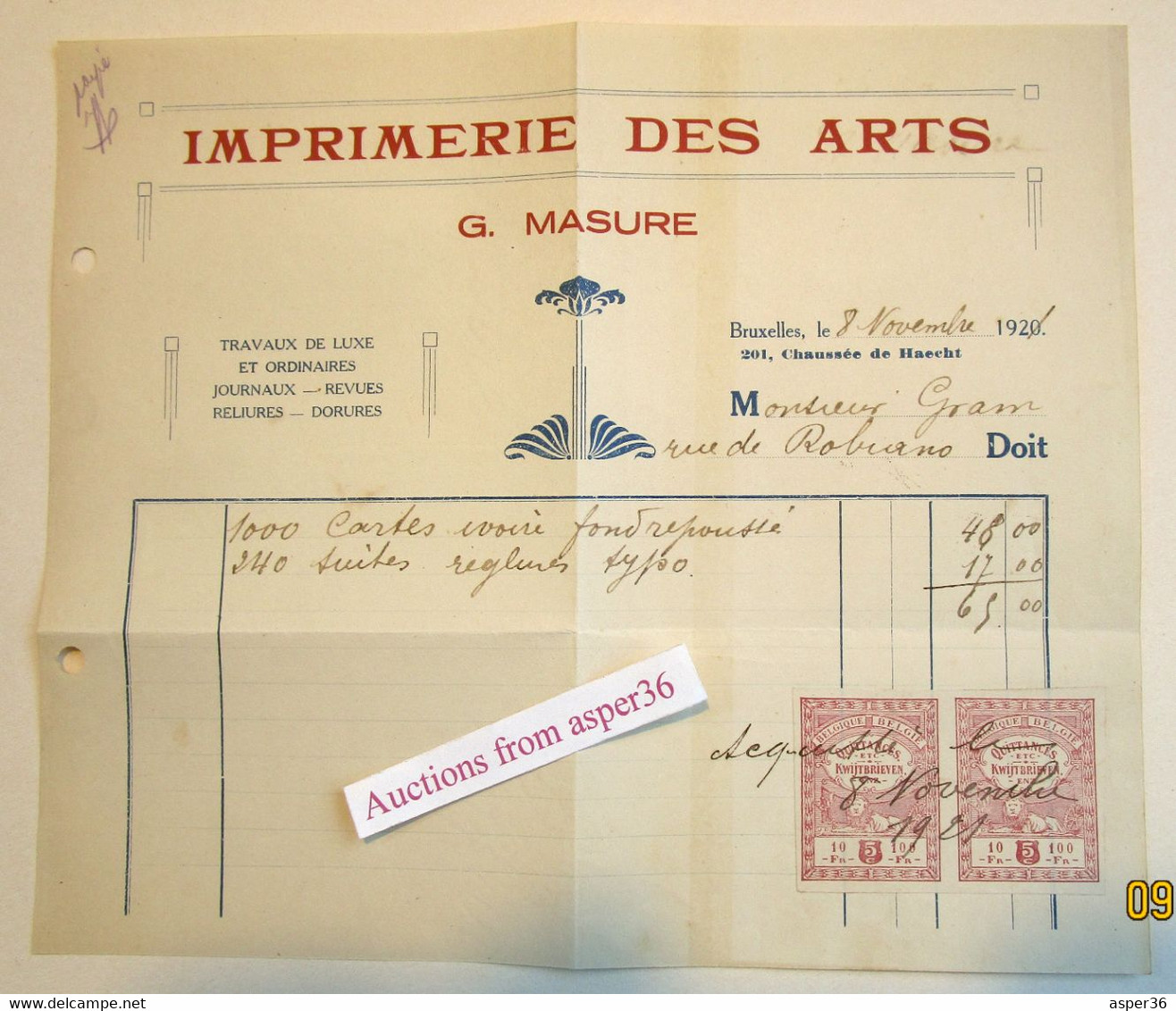 Imprimerie Des Arts, G. Masure, Chaussée De Haecht, Bruxelles 1921 - 1900 – 1949