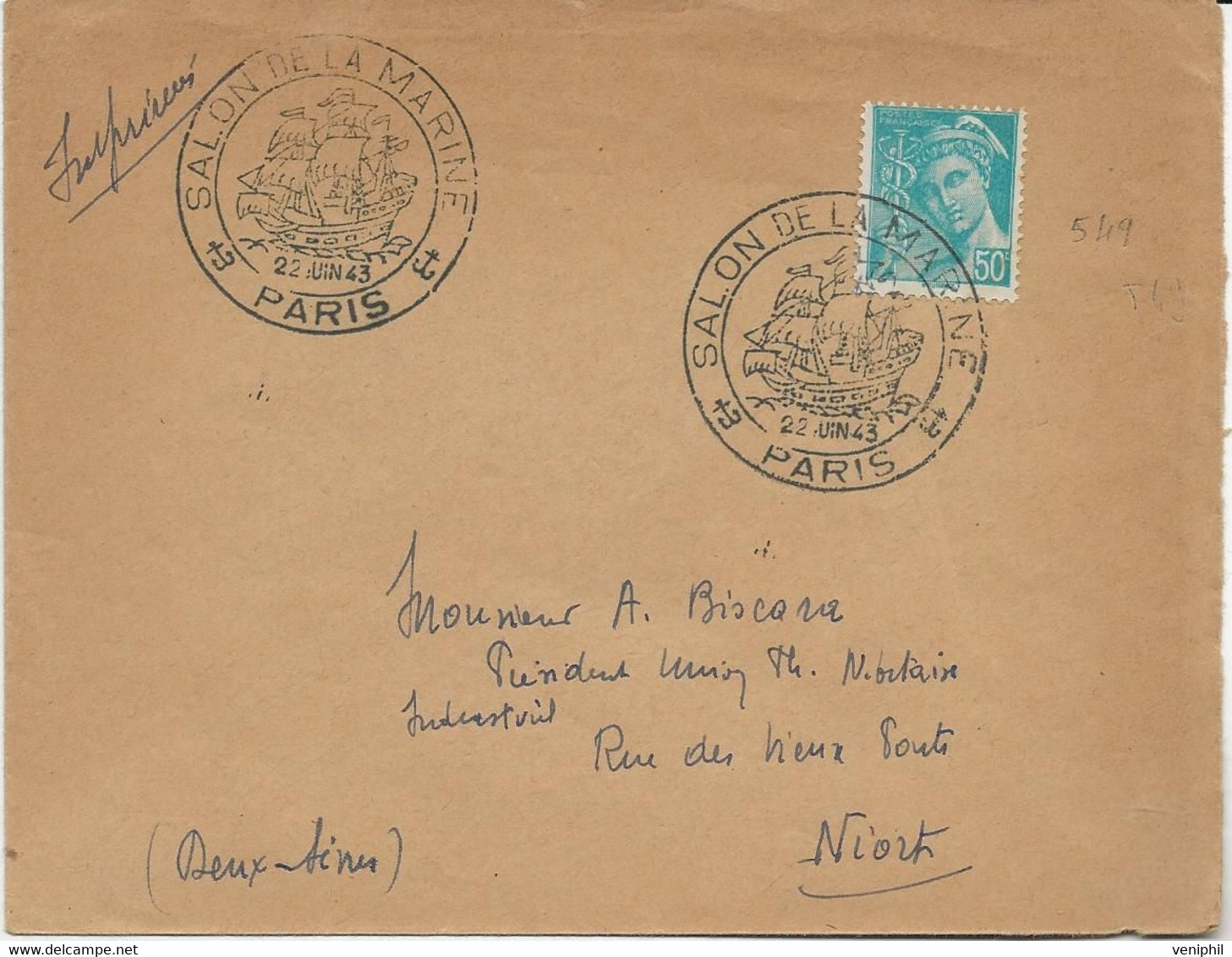 LETTRE AFFRANCHIE N°549 OBLTERE CACHET COMMEMORATIF " SALON DE LA MARINE PARIS - 23 JUIN 1943 - Cachets Commémoratifs