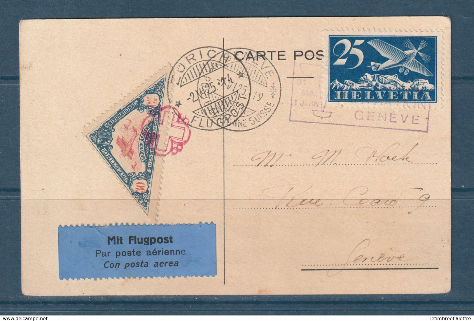 ⭐ Suisse - Aérogramme - Premier Vol - Meeting International Genève Vignette Spatiale Sur Carte Postale Cointrin - 1925 ⭐ - Eerste Vluchten