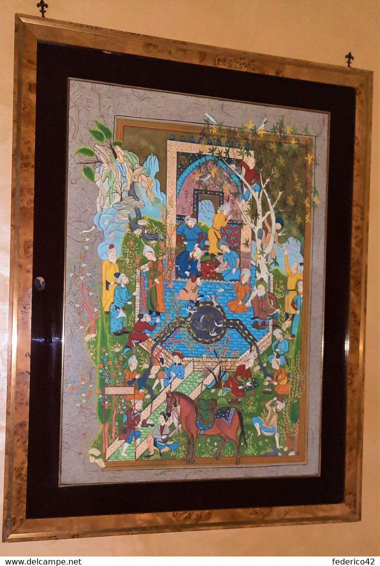 QUADRO CON CORNICE IN RADICA DI BATIK SU SETA DELL'INDIA DEL NORD 1950-60 PERFETTE CONDIZIONI - Oestliche Kunst