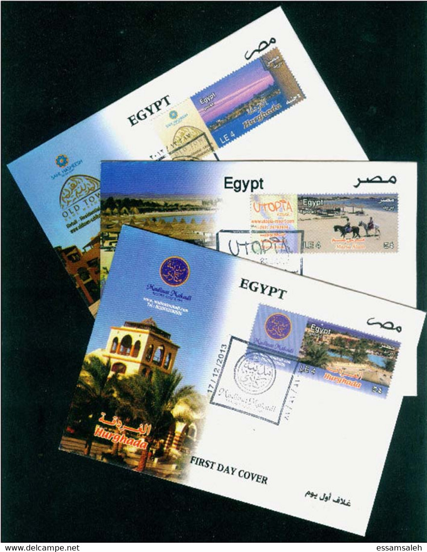 EGS30825 Egypt 2013 Illustrated FDC Tourism -  MARSA ALAM / HURGHADA / MAKADI / 3 FDCs - Cartas & Documentos