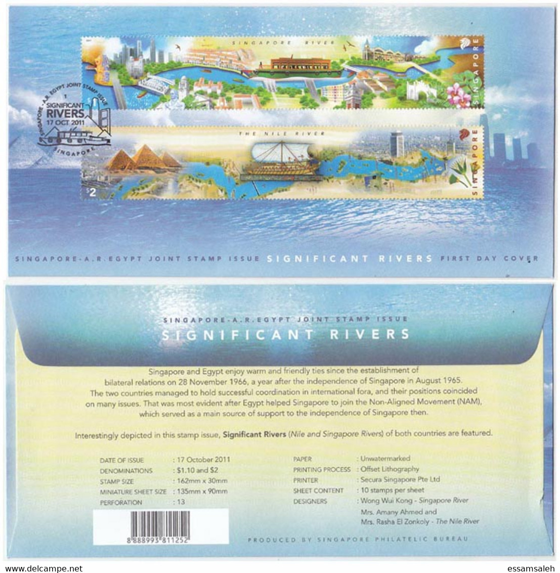 EGS30831 Egypt & Singapore 2011 Illustrated FDC Joint Issue - The Great Rivers - 2 FDCs - Covers & Documents