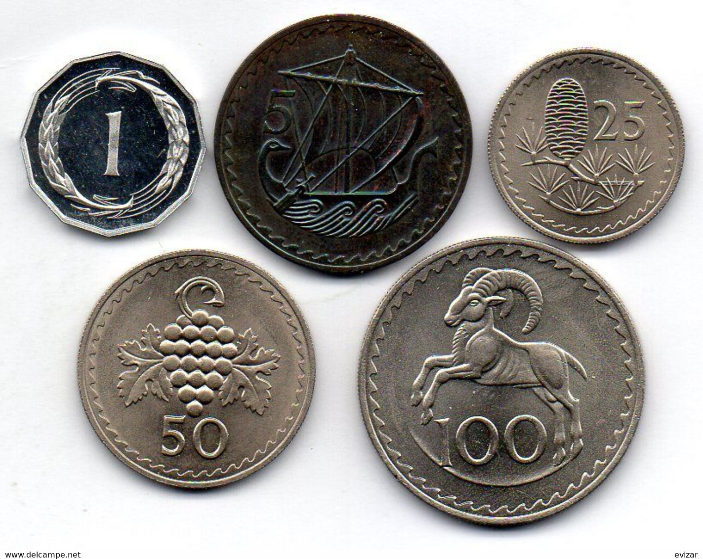 CYPRUS, Set Of Five Coins 1, 5, 25, 50, 100 Mils, Aluminum, Bronze, Copper-Nickel, Year 1972-73, KM # 38, 39, 40, 41, 42 - Cyprus