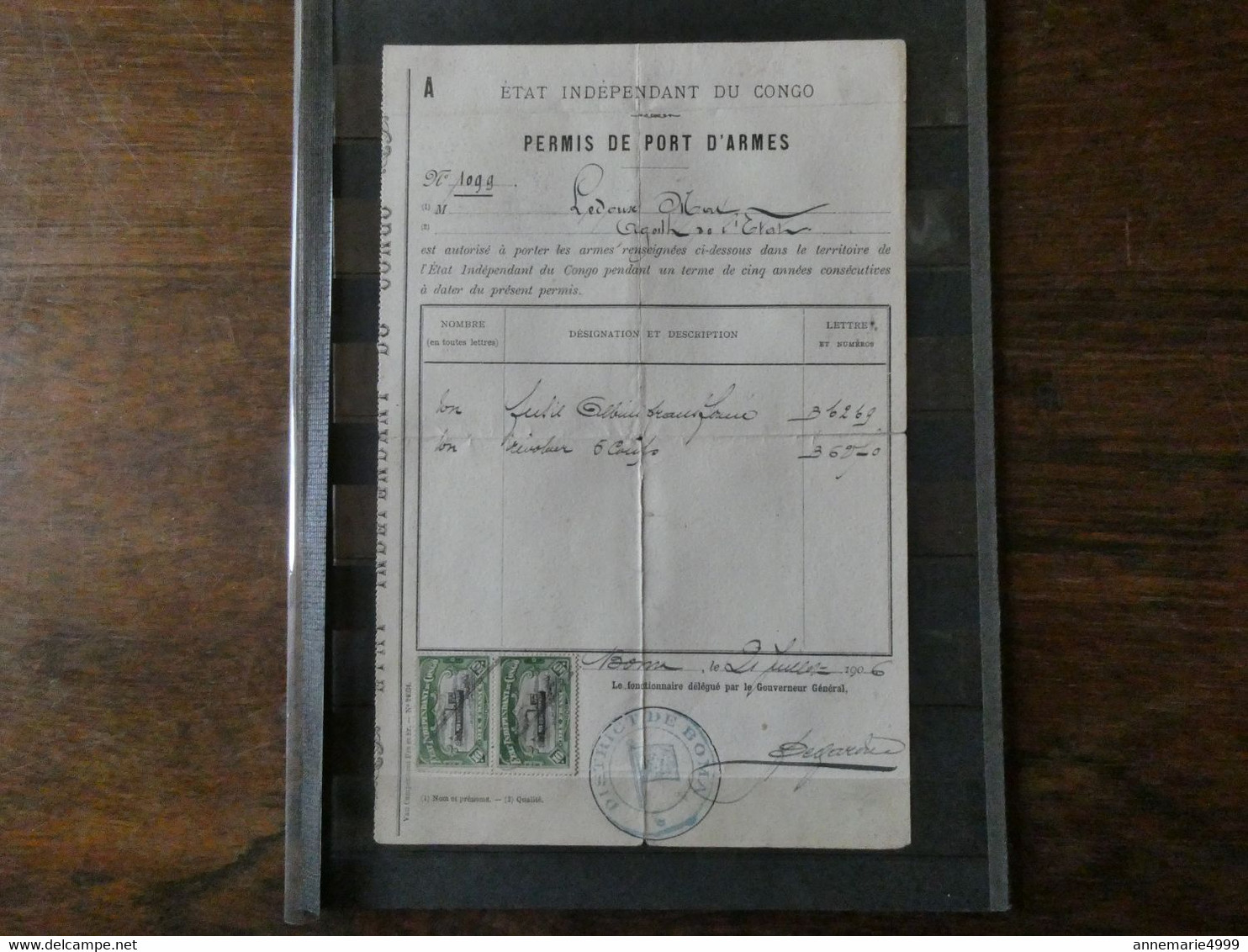 Congo Belge TRES  RARE  ??? 2 Timbres à 10 Francs Sur Permis De Port D'armes Année 1906 Boma Authentique Voir Scans - Usados