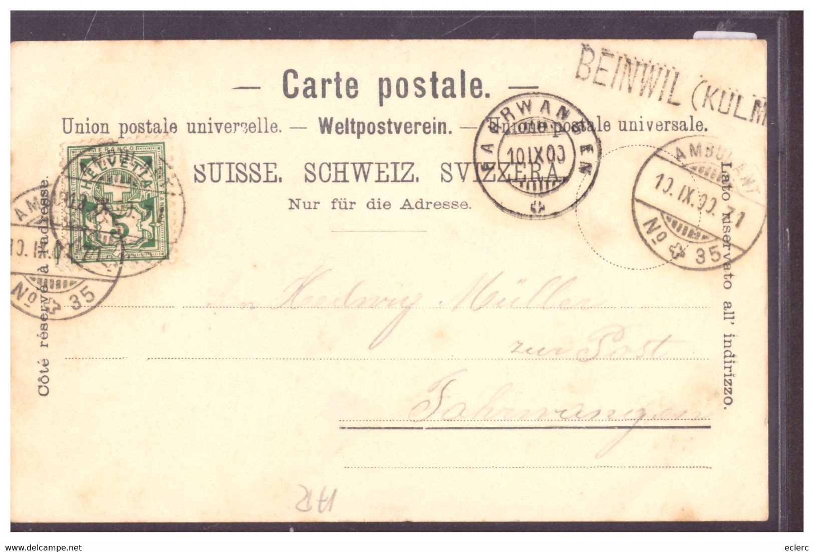 GAIS - DORFPLATZ - RÜCKS. SONDERSTEMPEL " BEINWIL ( KULM ) - CACHET LINEAIRE - TB - Gais