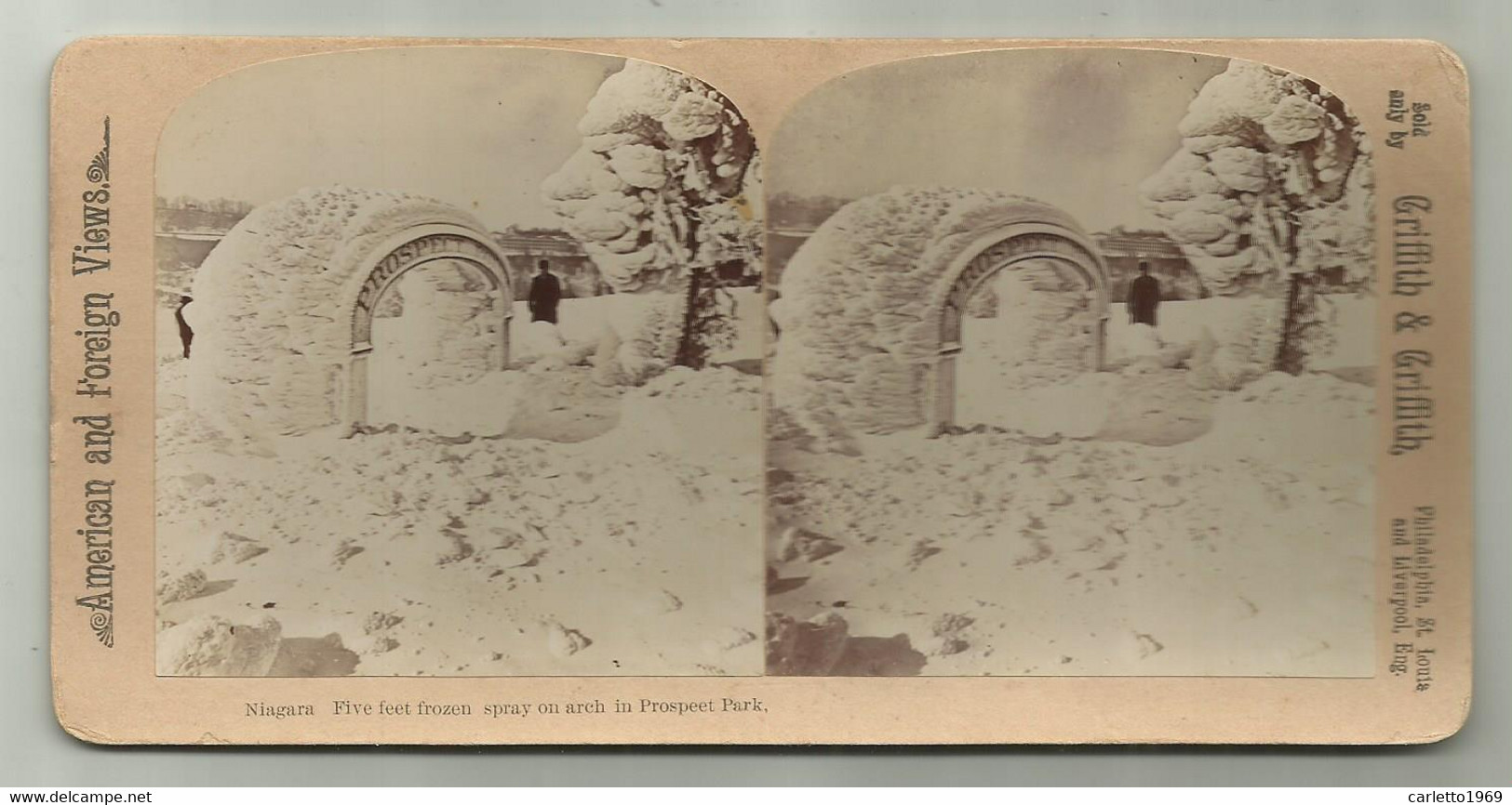 NIAGARA FIVE FEET FROZEN SPRAY ON ARCH IN PROSPEET PARK  STERESCOPICA EDIT. GRIFFITH & GRIFFITH - Stereoscopic