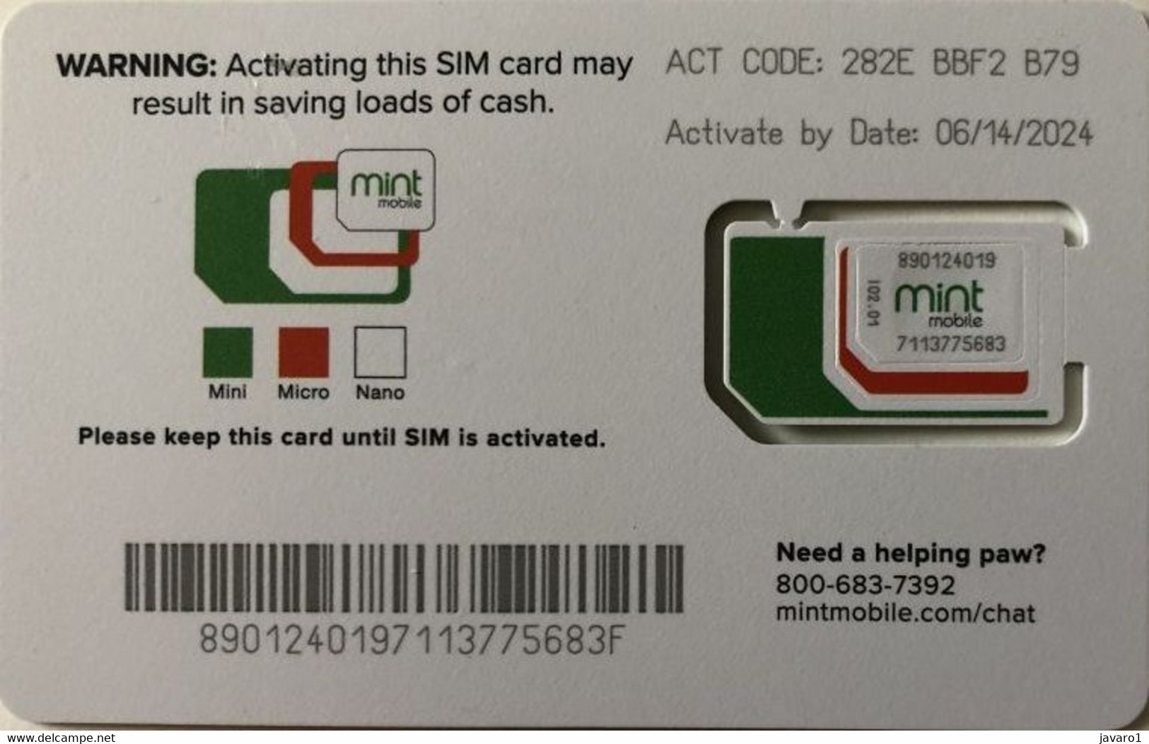 USA : GSM  SIM CARD  : MINT MOBILE ( Mint) Por Prepaid - Cartes à Puce