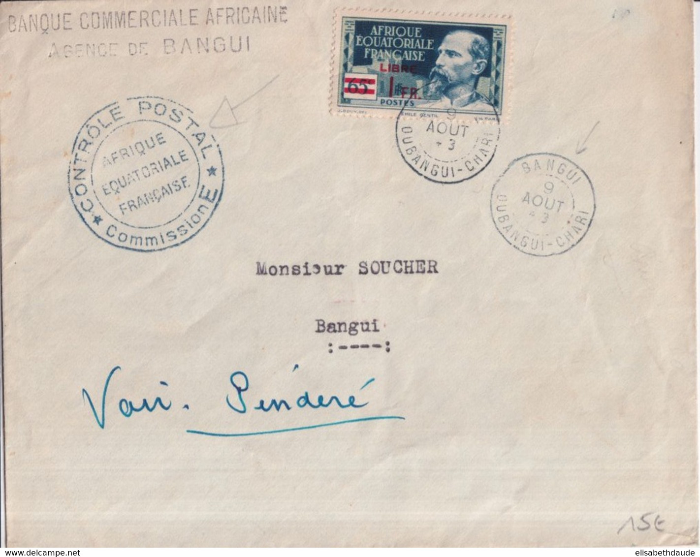 1943 - AEF / OUBANGUI-CHARI - FRANCE LIBRE SEUL Sur ENVELOPPE LOCALE Avec CENSURE De BANGUI ! - Covers & Documents