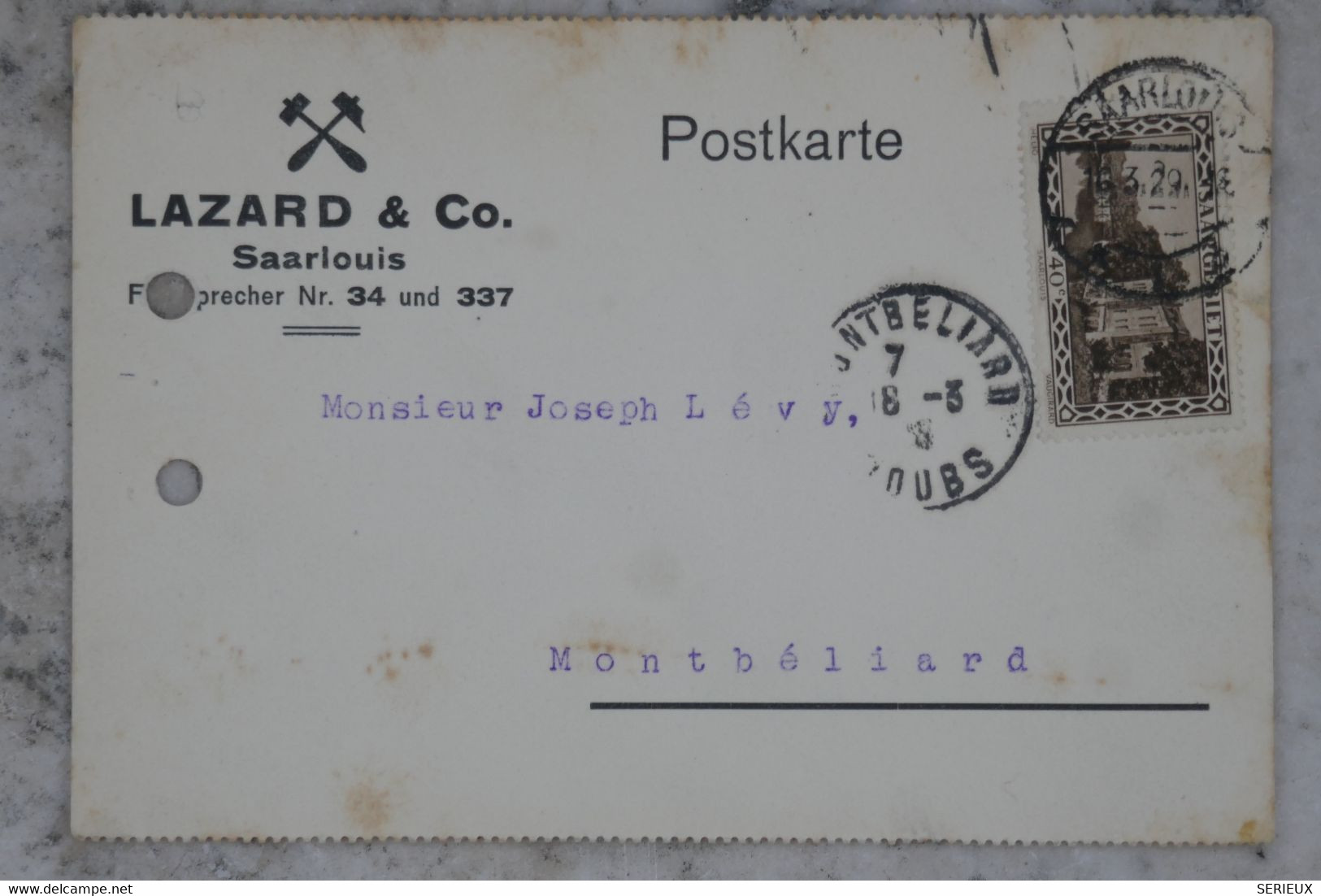 BE5 SAARBIET BELLE CARTE  1929 A MONTBELIARD FRANCE  +++ ACH. LEVY +AFFRANCH. PLAISANT - Postal Stationery