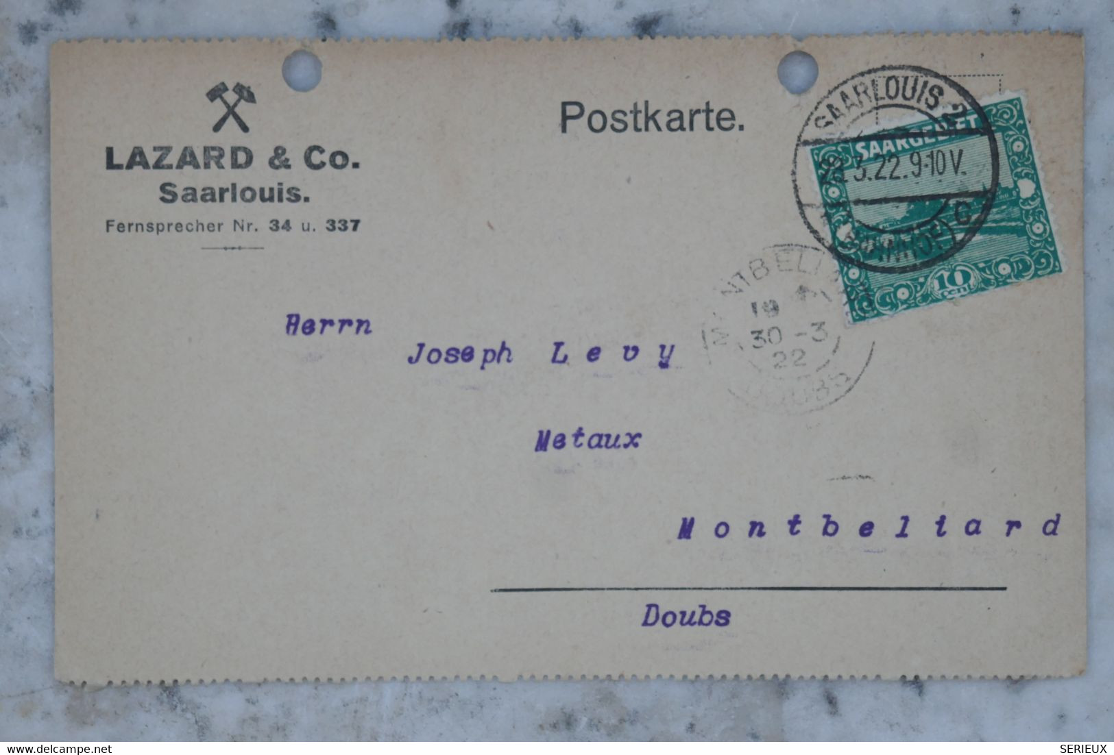 BE5 SAARBIET BELLE CARTE  1922 A MONTBELIARD FRANCE  +++ ACH. LEVY +AFFRANCH. PLAISANT - Postal Stationery