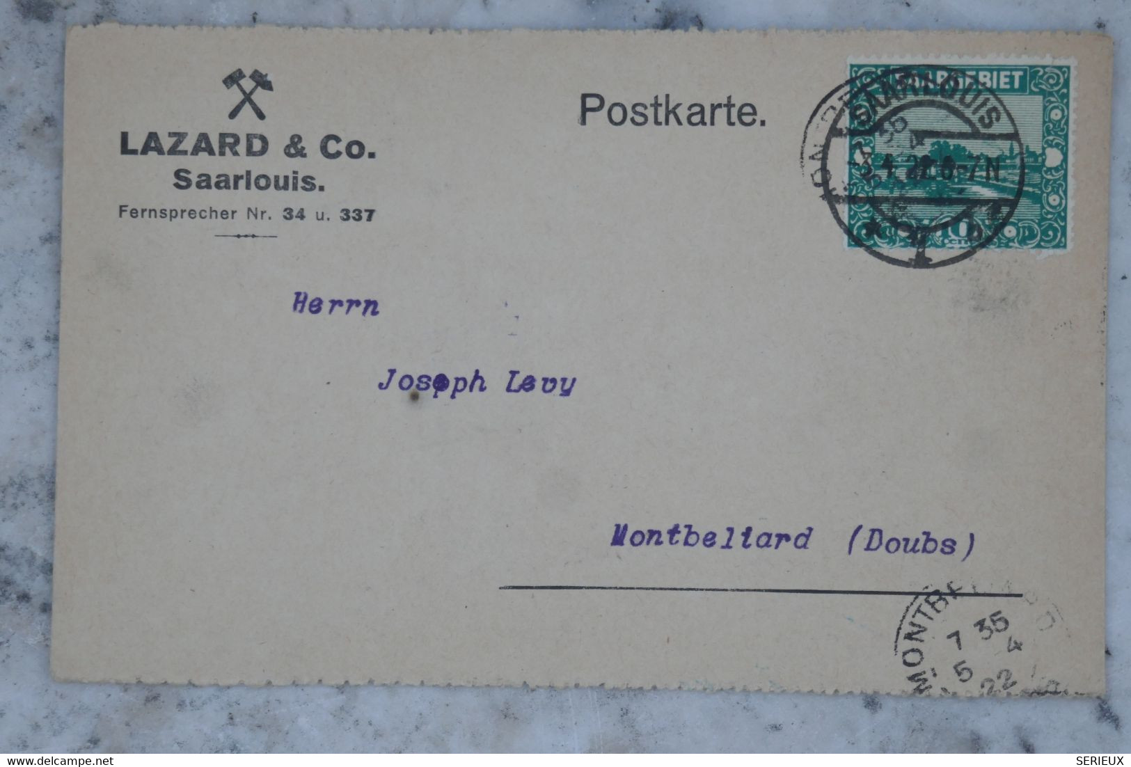 BE5 SAARBIET BELLE CARTE  1928 SARRELOUIS  A MONTBELIARD FRANCE  +++ ACH. LEVY +AFFRANCH. PLAISANT - Postal Stationery