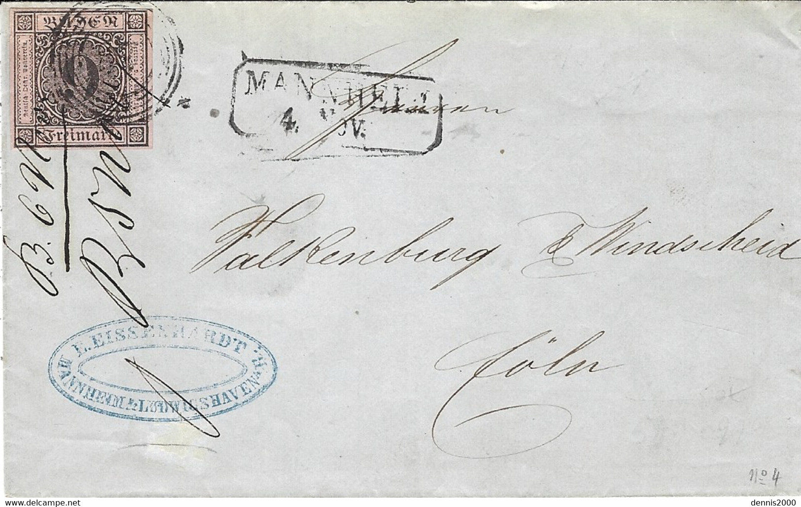 1854 - Letter From MANNHEIM To Cöln   Affr. Michel  N° 4 - Covers & Documents