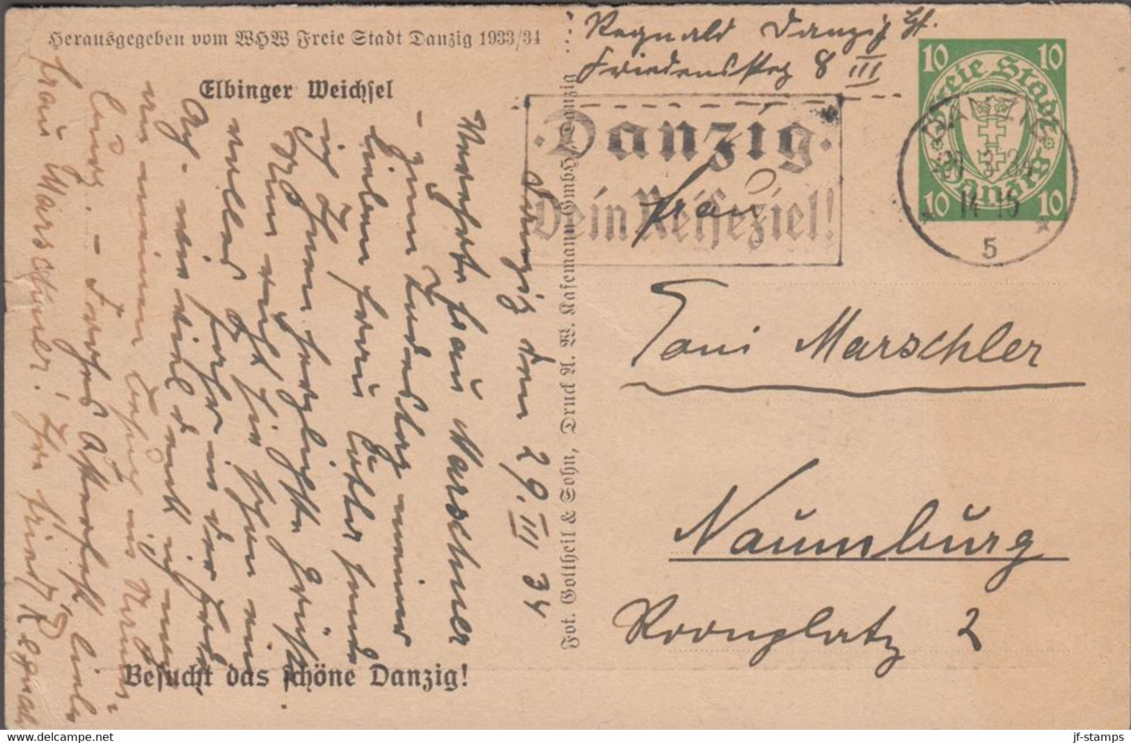 1934. DANZIG. Postkarte (small Tear) 10 Pf Winterhilfswerk With Motive Elbinger Weichel Cancelled Danzig D... - JF524447 - Postal  Stationery