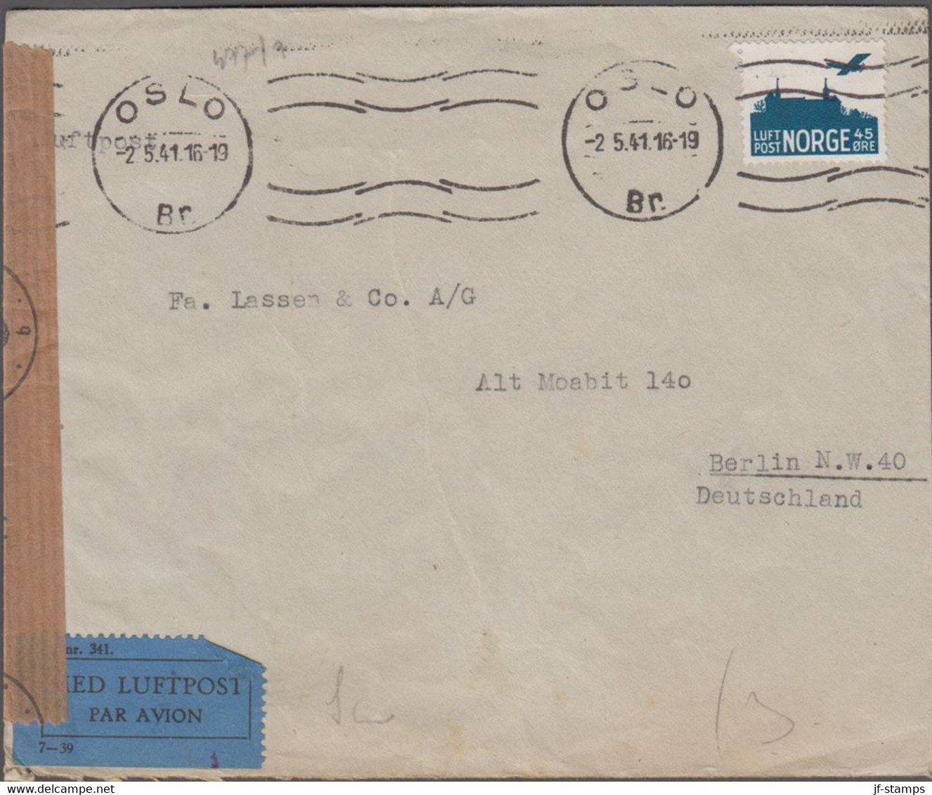 1941. NORGE. 45 ØRE LUFTPOST On Censored Cover To Berlin Cancelled OSLO 2 5. 41. MED LUFTPO... (Michel A 136) - JF524466 - Lettres & Documents