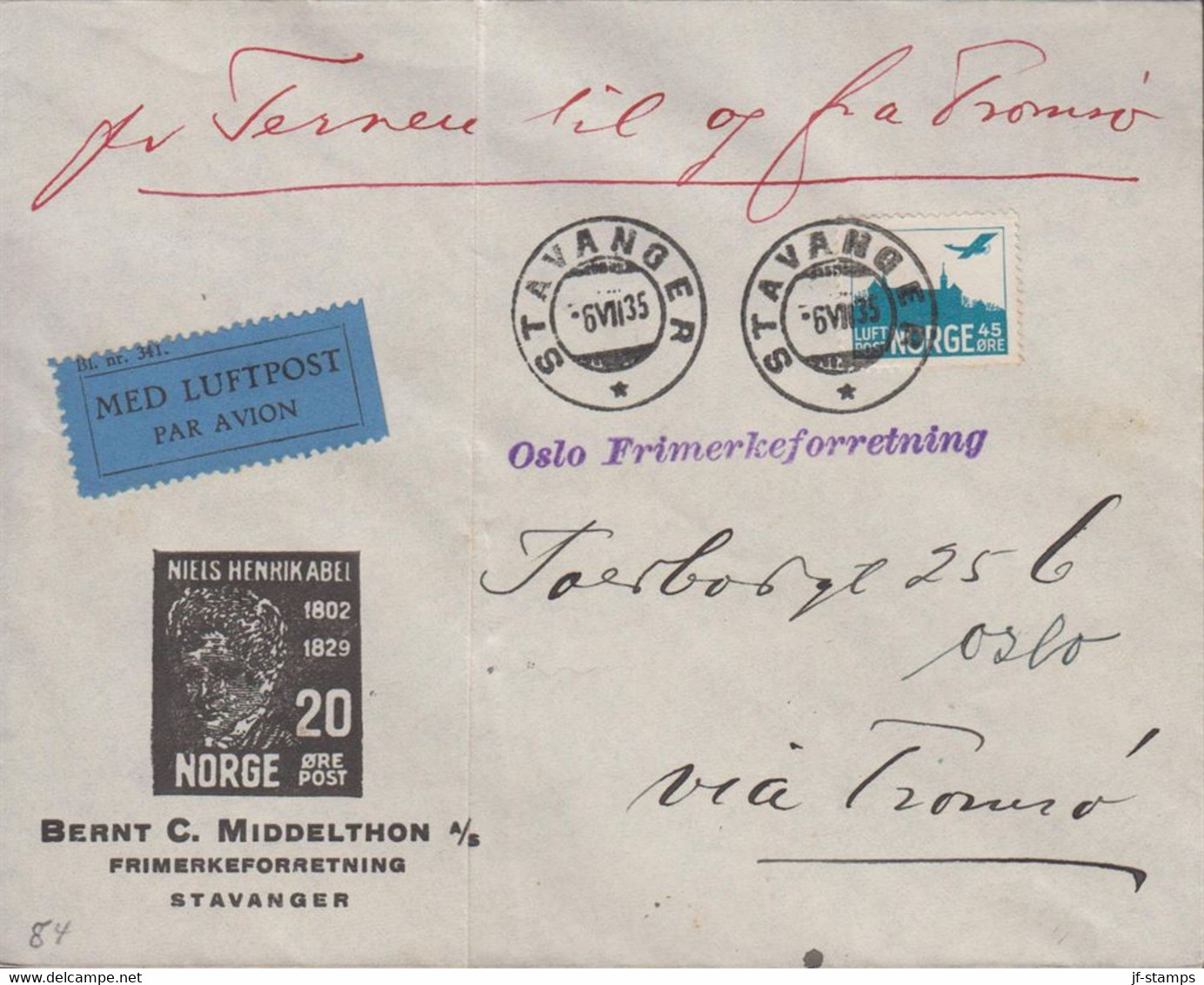 1935. NORGE. 45 ØRE LUFTPOST Michel Type II On Cover To Oslo Via Tromsø Cancelled STVANGER... (Michel 136 II) - JF524467 - Lettres & Documents