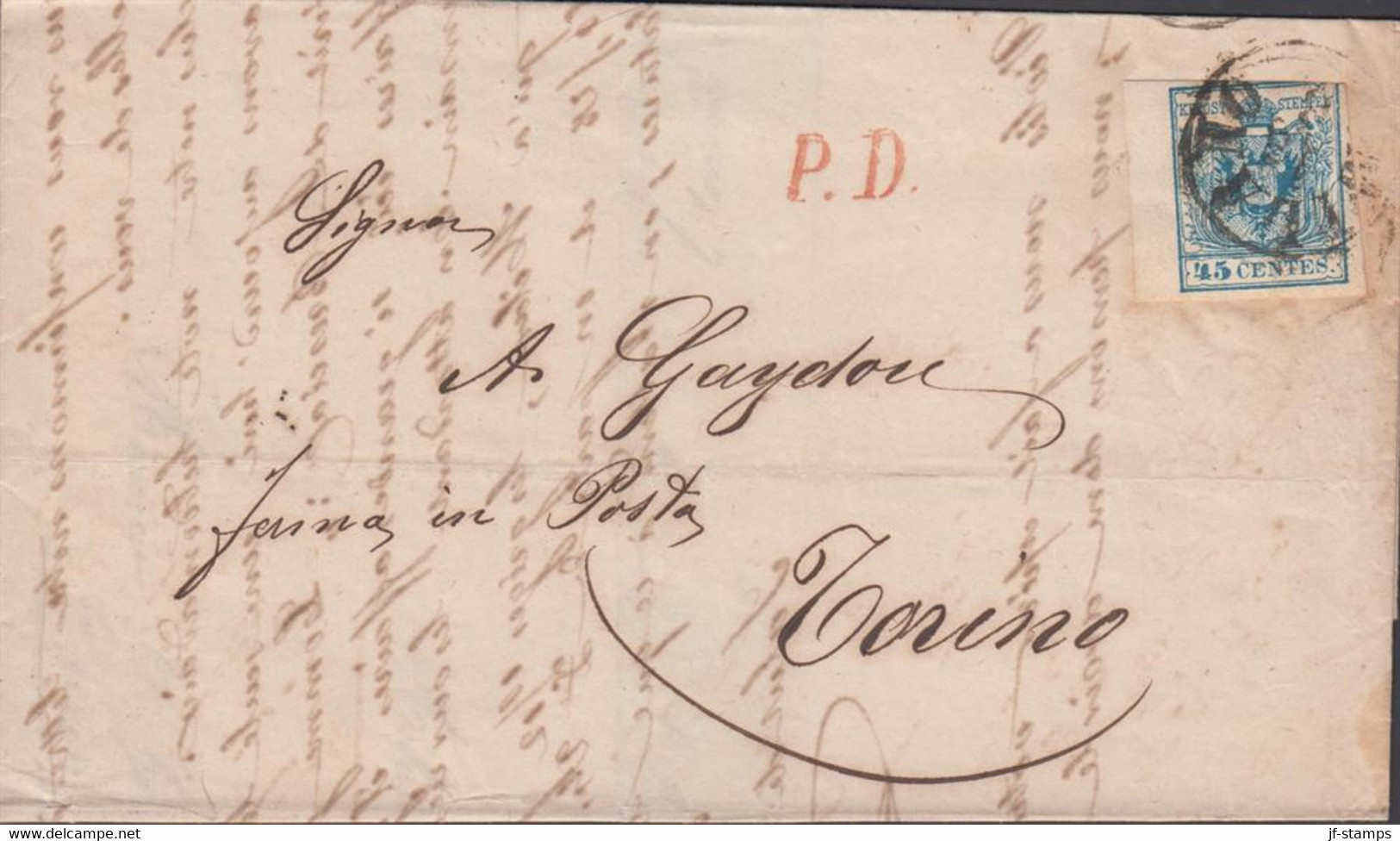 1858. Lombardei Und Venetien. 45  CENTES With Very Wide Margin At Left On Cover To Torino Cancelled MILANO... - JF432322 - Oest. Besetzung