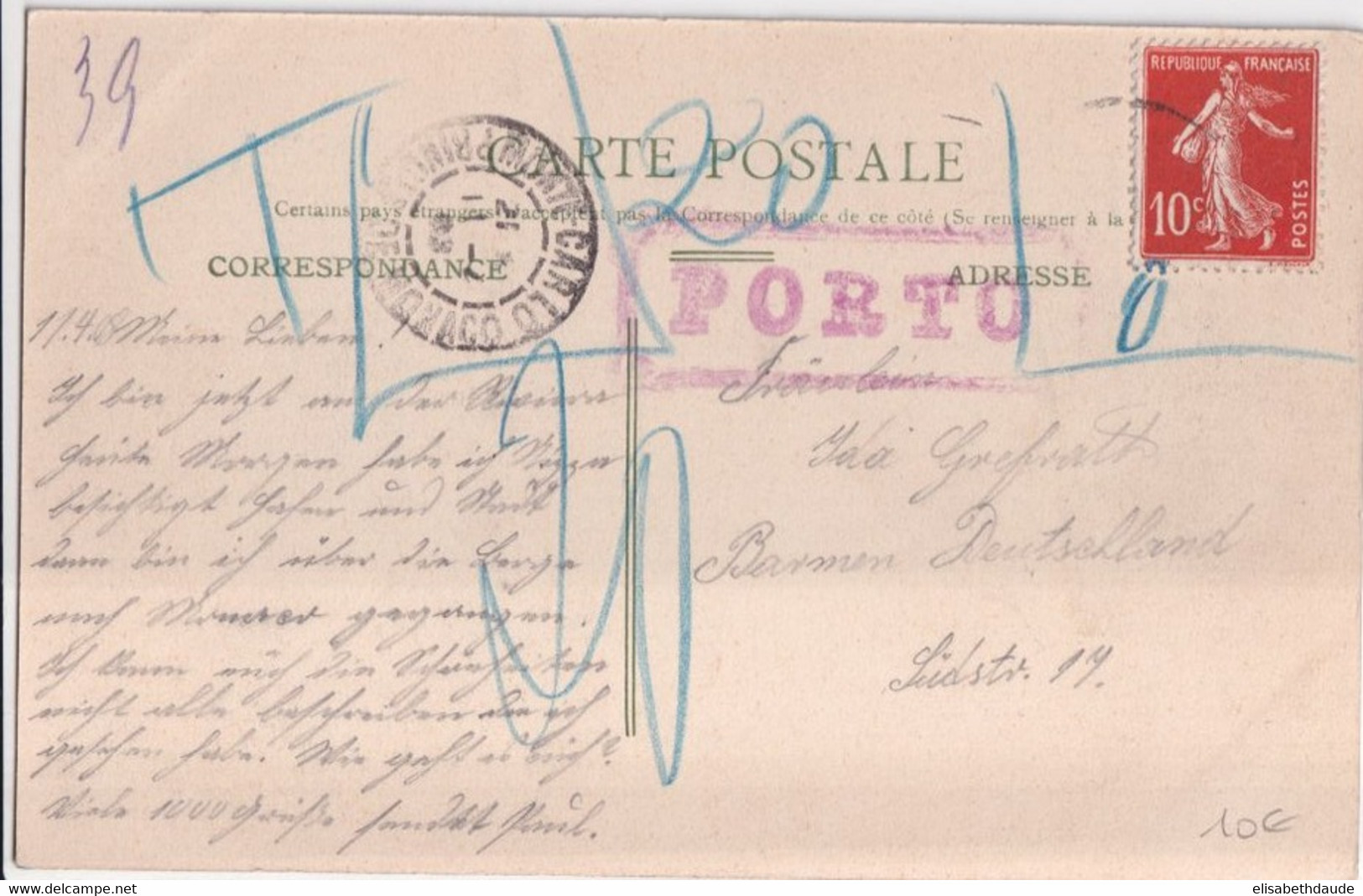 1908 - MONACO - SEMEUSE INVALIDE ! Sur CARTE TAXEE De MONTE-CARLO => BARMEN (ALLEMAGNE) ! - Cartas & Documentos