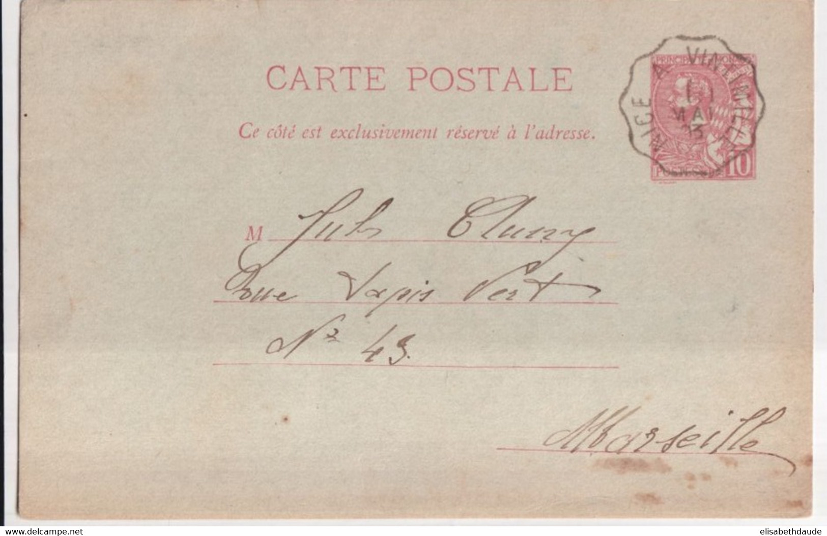 1903 - MONACO - CONVOYEUR NICE à VENTIMILLE Sur CP ENTIER ! => MARSEILLE - Postmarks