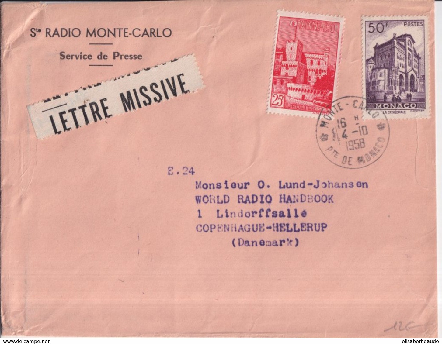 1958 - MONACO - ENVELOPPE EXPRES ! "LETTRE MISSIVE" De RADIO MONTE-CARLO => COPENHAGUE (DANEMARK) !! - Lettres & Documents