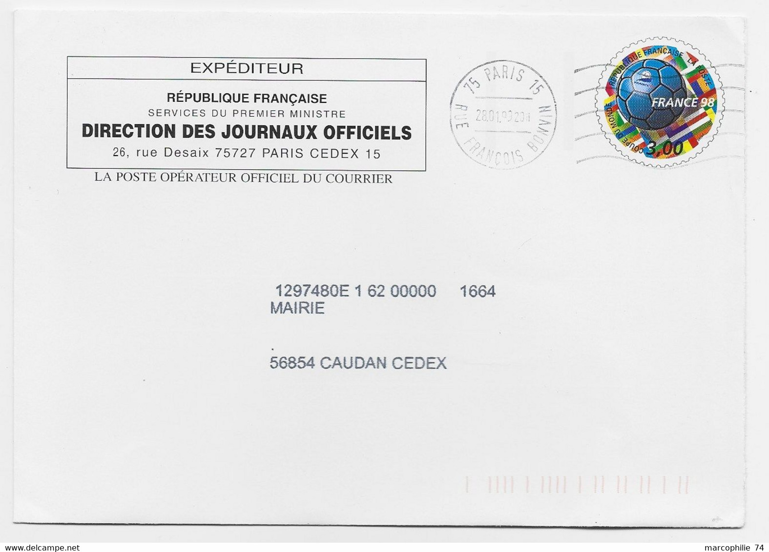 ENTIER PAP 3FR FOOTBALL SOCCER ENVELOPPE DIRECTION DES JOURNAUX OFFICIELS LA POSTE PARIS 28.01.1999 - PAP: Private Aufdrucke