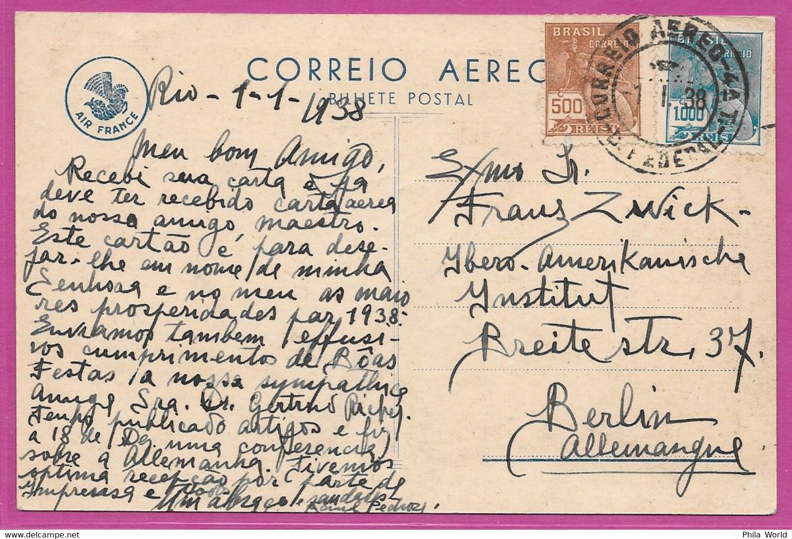 AIR FRANCE BRESIL BRAZIL CPNA 22 Carte Postale Nouvel An Voeux 1938 TàD Du 1er JANVIER De RIO > BERLIN Allemagne Germany - Storia Postale