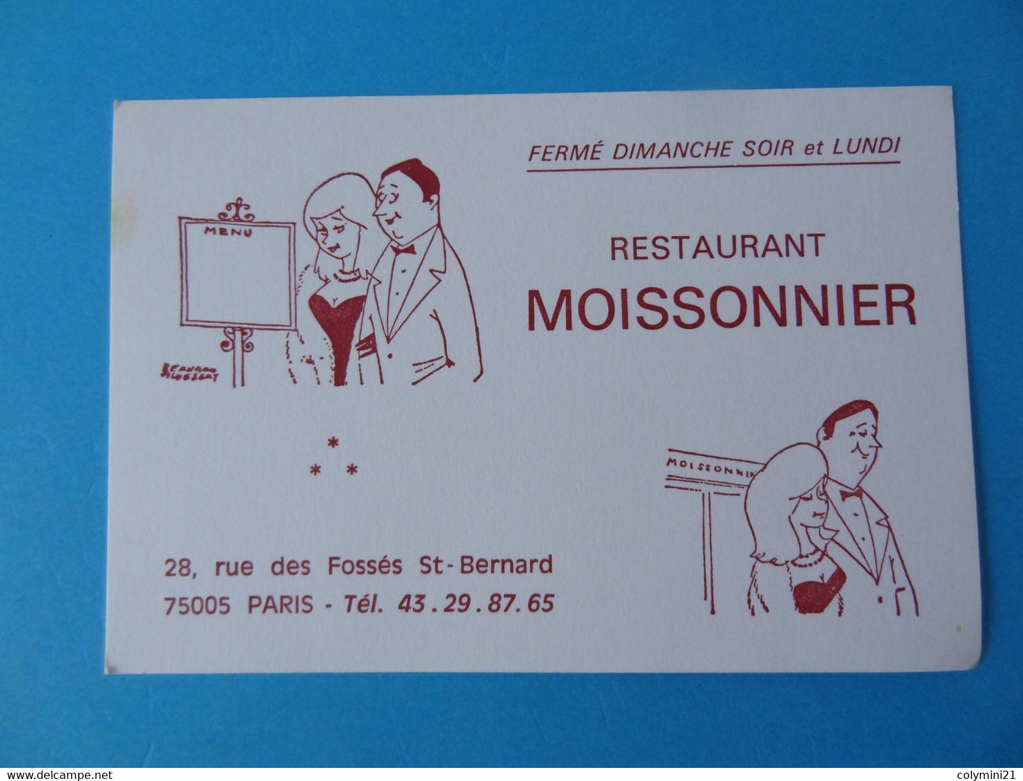 Carte De Visite Ancienne Restaurant Moissonnier 75 Paris - Cartes De Visite