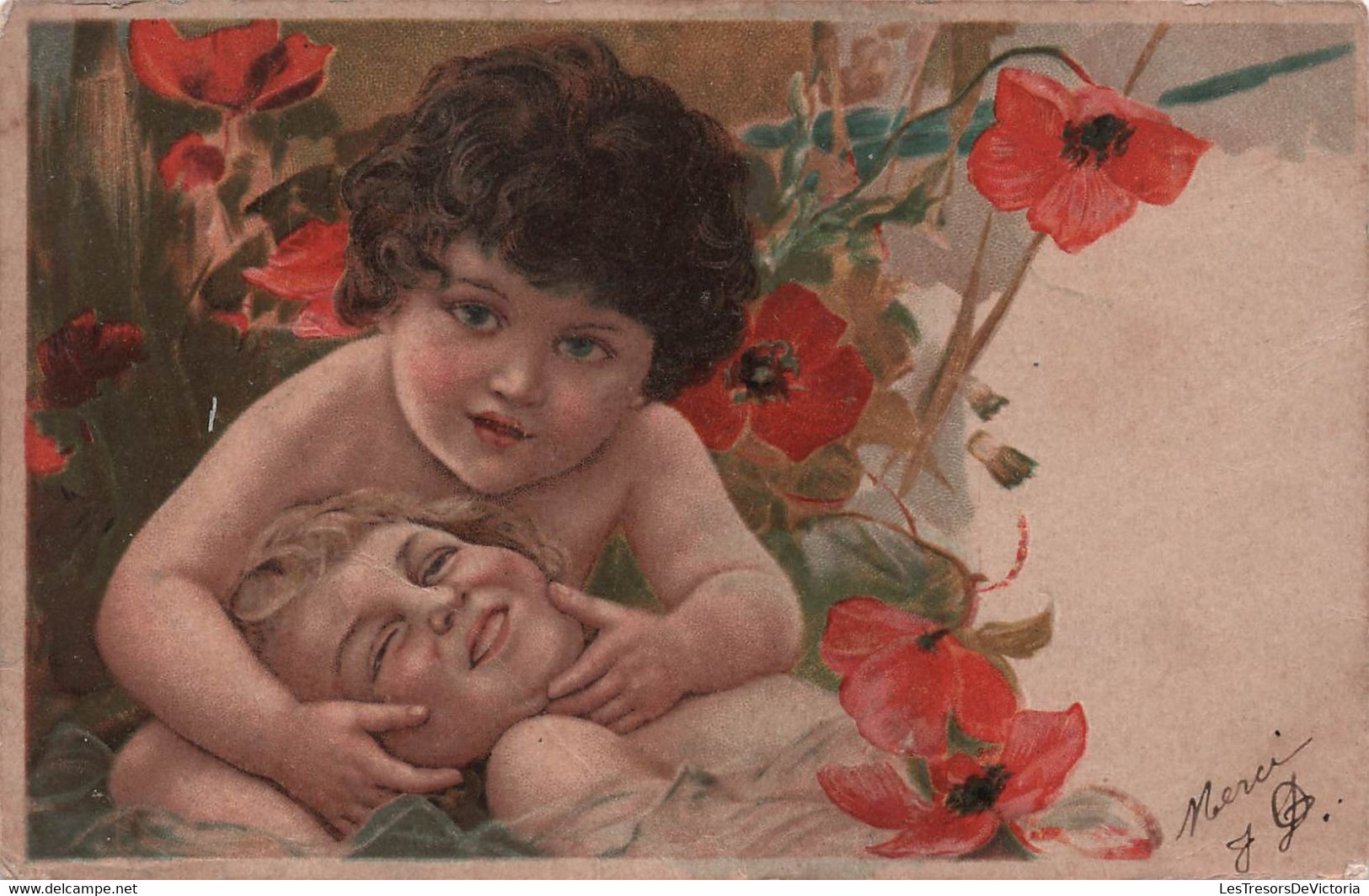 CPA Illustrateur Non Signé - Deux Jeunes Enfants Entourés De Fleurs Rouges - Dos Simple - Unclassified