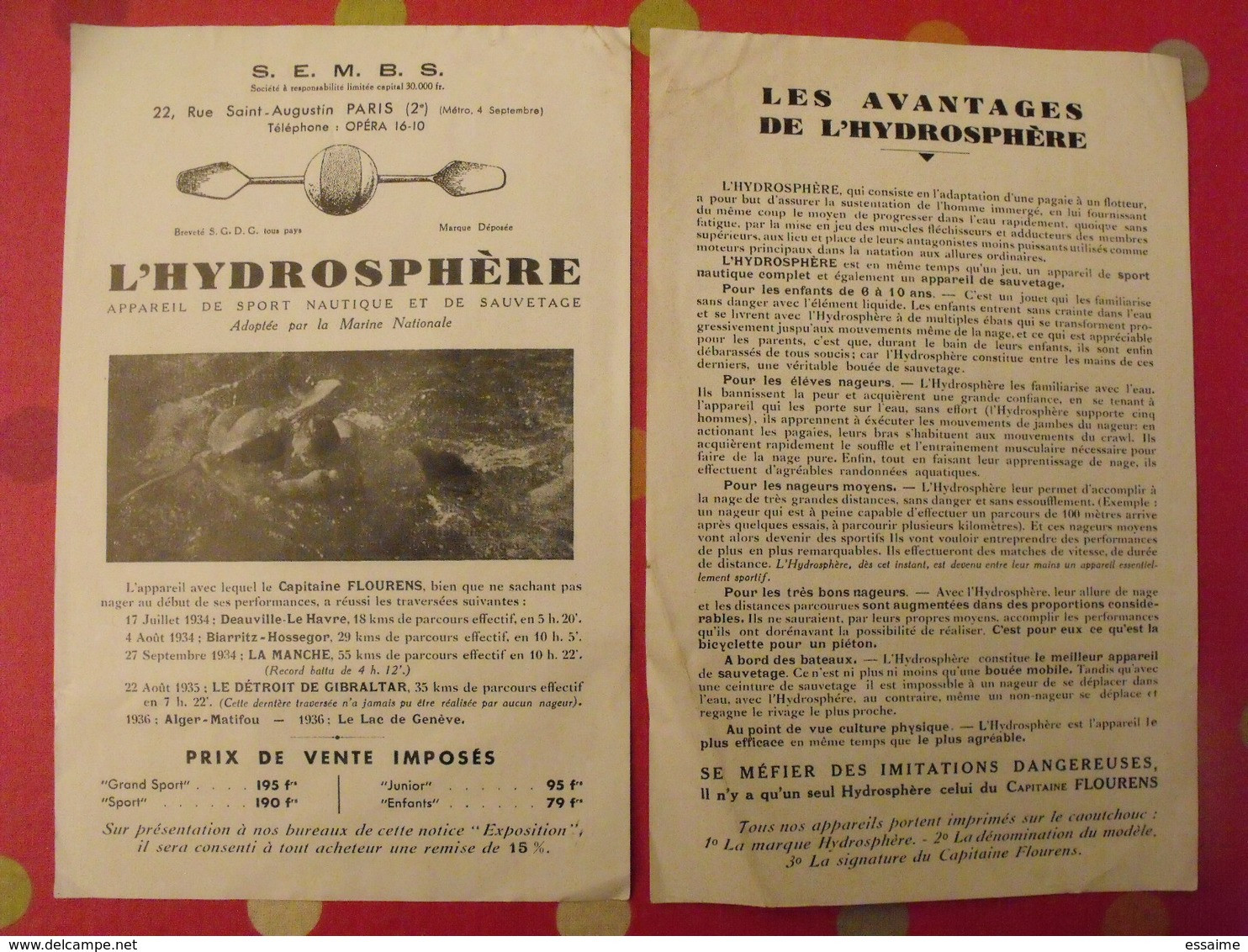 L'hydrosphère, Appareil De Sport Nautique Et De Sauvetage. Capitaine Flourens. Vers 1936 - Matériel Et Accessoires