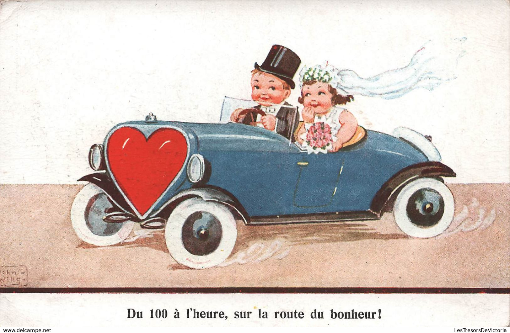 CPA Illustrateur John Wills - Du 100 A L'heure Sur La Route Du Bonheur - Enfants Mariés - Voiture Coeur - Wills, John