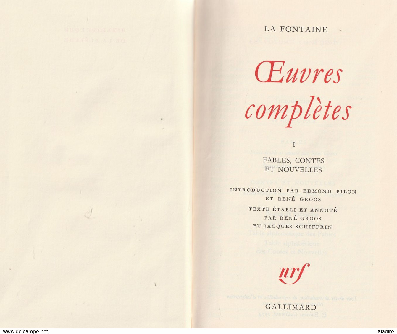 NRF LA PLEIADE - La Fontaine - FABLES, CONTES Et NOUVELLES - Gallimard 1983 - état Neuf - Franse Schrijvers