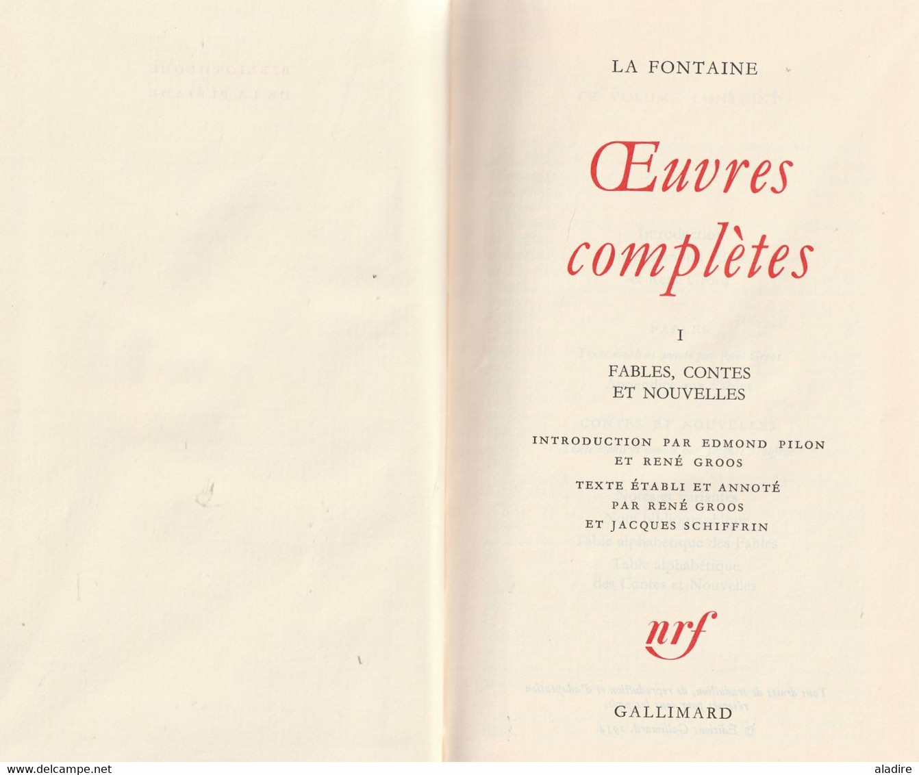 NRF LA PLEIADE - La Fontaine - FABLES, CONTES Et NOUVELLES - Gallimard 1983 - état Neuf - Autores Franceses