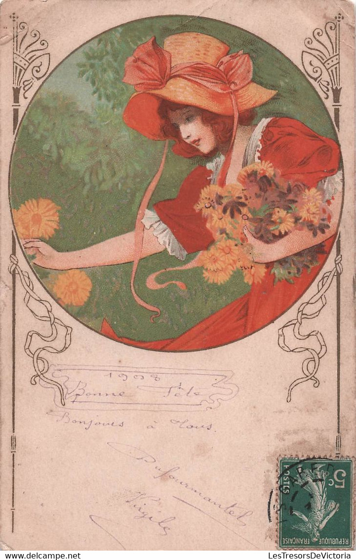 CPA Illustrateur Non Signé - Jeune Femme En Rouge Orangé - Art Nouveau - 1908 - Dos Simple - Non Classés