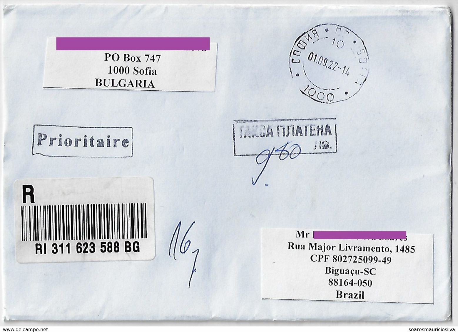Bulgaria 2022 Barcode Label Registered Priority Cover Sent From Sofia To Biguaçu Brazil Postage Due Cancel 9,80 Lev - Timbres-taxe