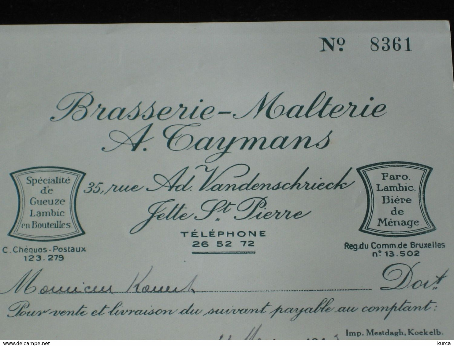 1943 Orig. Factuur Brouwerij Brasserie TAYMANS - JETTE ST PIERRE Spécialité De GUEUZE LAMBIC FARO BIERE DE MENAGE - Invoices