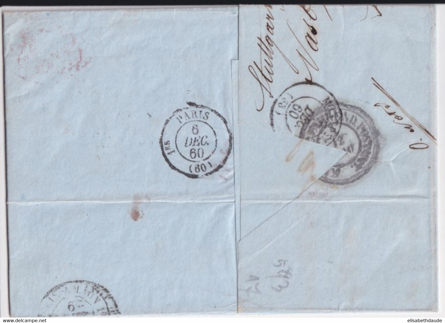 1860 - ENTREE AMBULANT BADE STRASBOURG "A" - LETTRE De STUTTGART => MONTPELLIER - Entry Postmarks