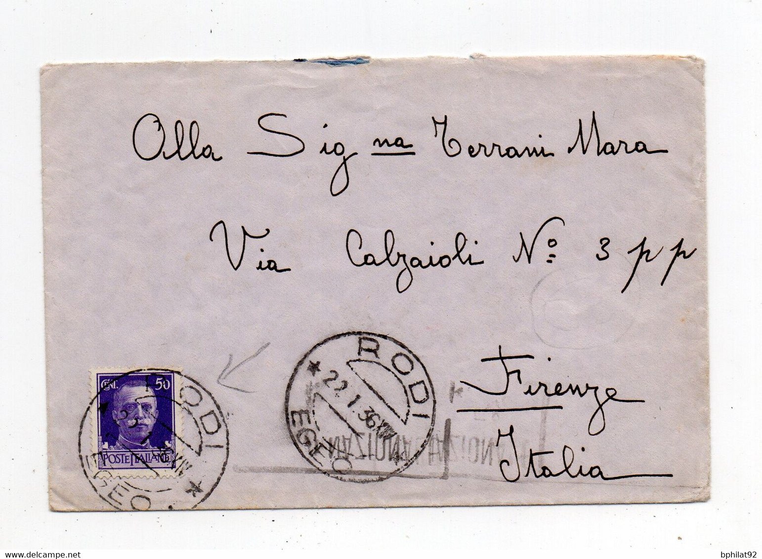 !!! RHODES, RODI, LETTRE DE 1936 POUR FLORENCE - Aegean (Rodi)