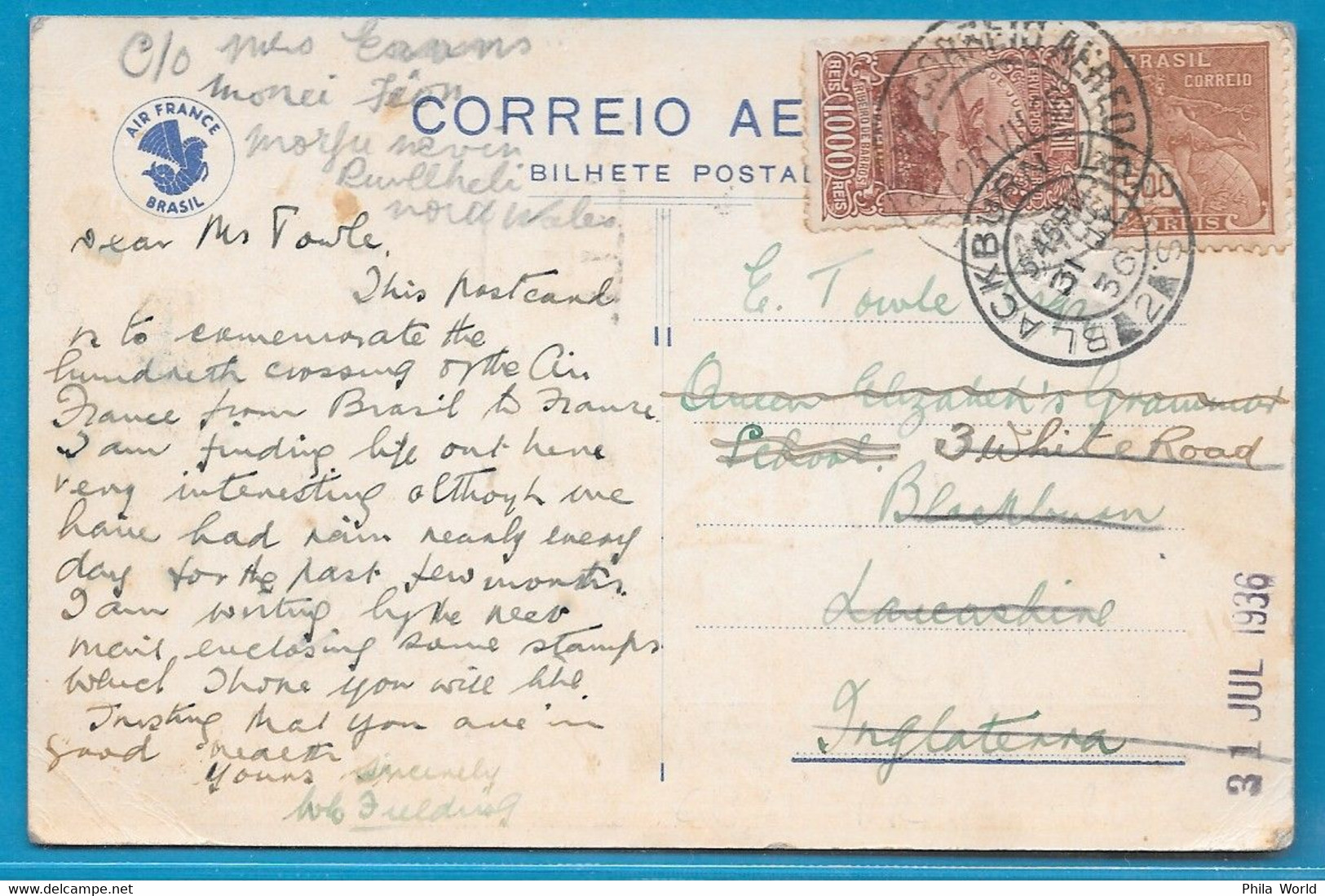 AIR FRANCE BRESIL BRAZIL BRASIL CPP 21 Carte Postale 100e 1936 CENTENARIO Ald CENTESIMA DA TRAVESSIA ATLANTICO SUL - Lettres & Documents