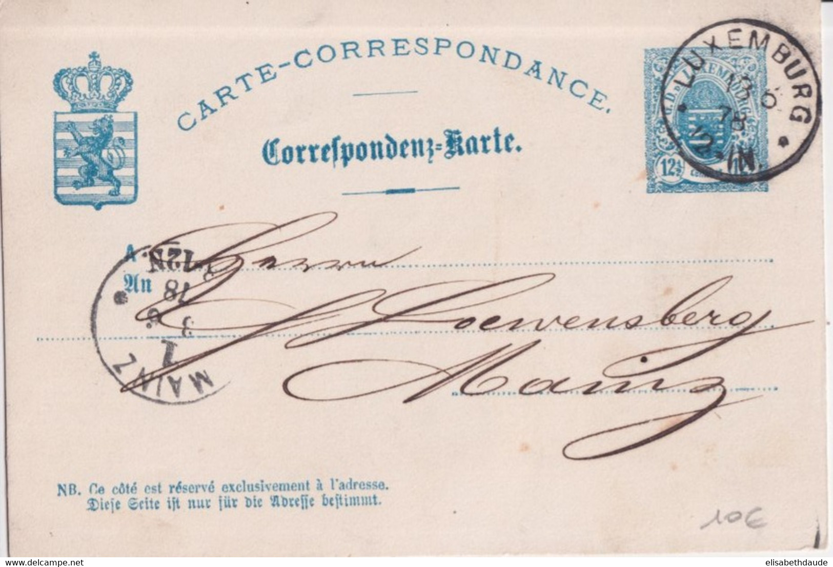 1878 - LUXEMBOURG - CP ENTIER RARE => MAINZ (ALLEMAGNE) - Ganzsachen