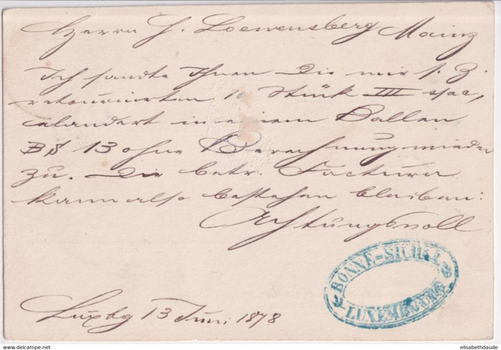 1878 - LUXEMBOURG - CP ENTIER RARE => MAINZ (ALLEMAGNE) - Postwaardestukken