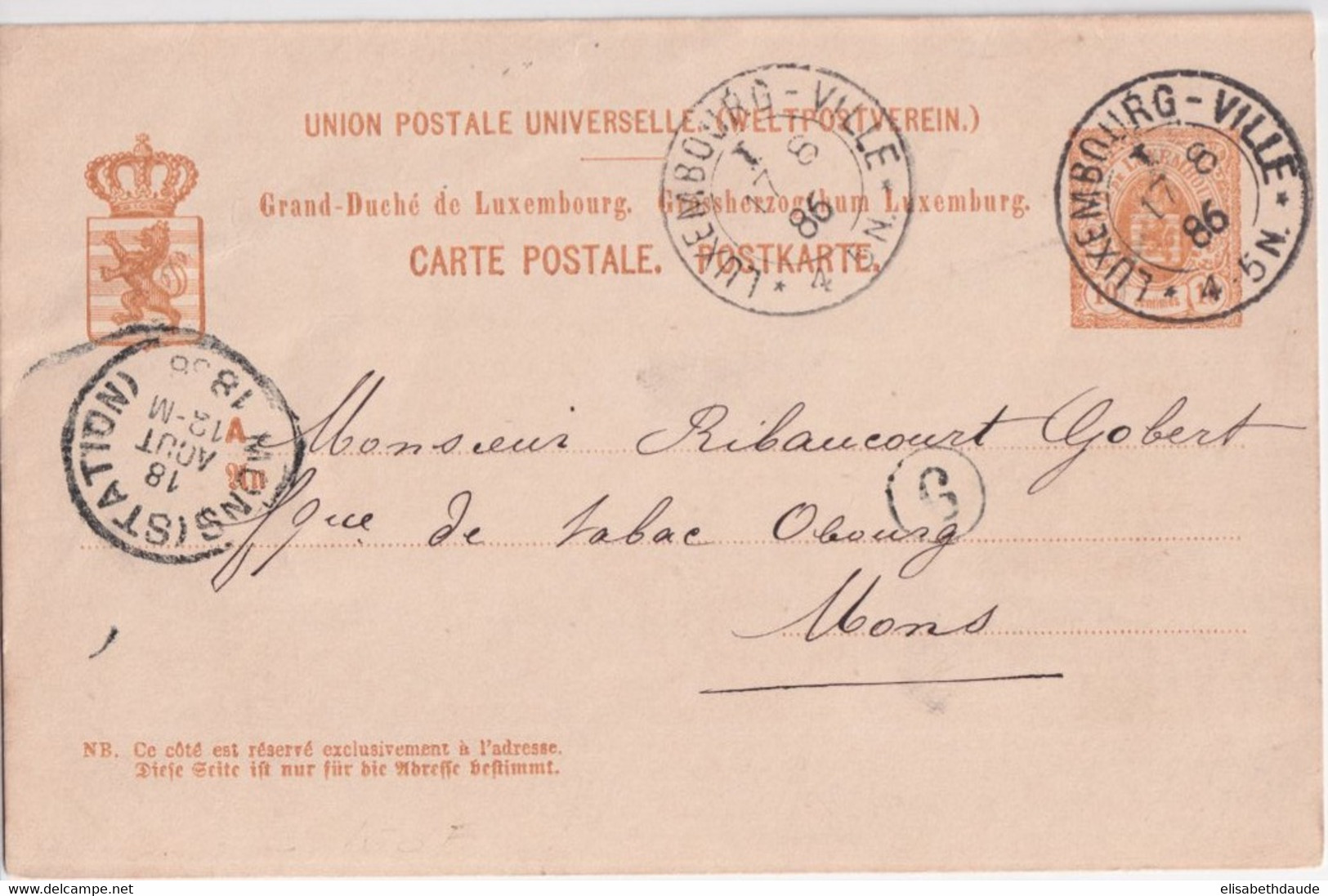 1886 - LUXEMBOURG - CP ENTIER => MONS (BELGIQUE) - Stamped Stationery