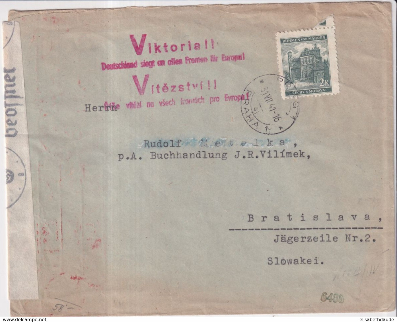 1941 - BÖHMEN UND MÄHREN - MARQUE  PROPAGANDE De GUERRE VIKTORIA !! Sur ENVELOPPE CENSUREE De PRAGUE => BRATISLAVA - Lettres & Documents