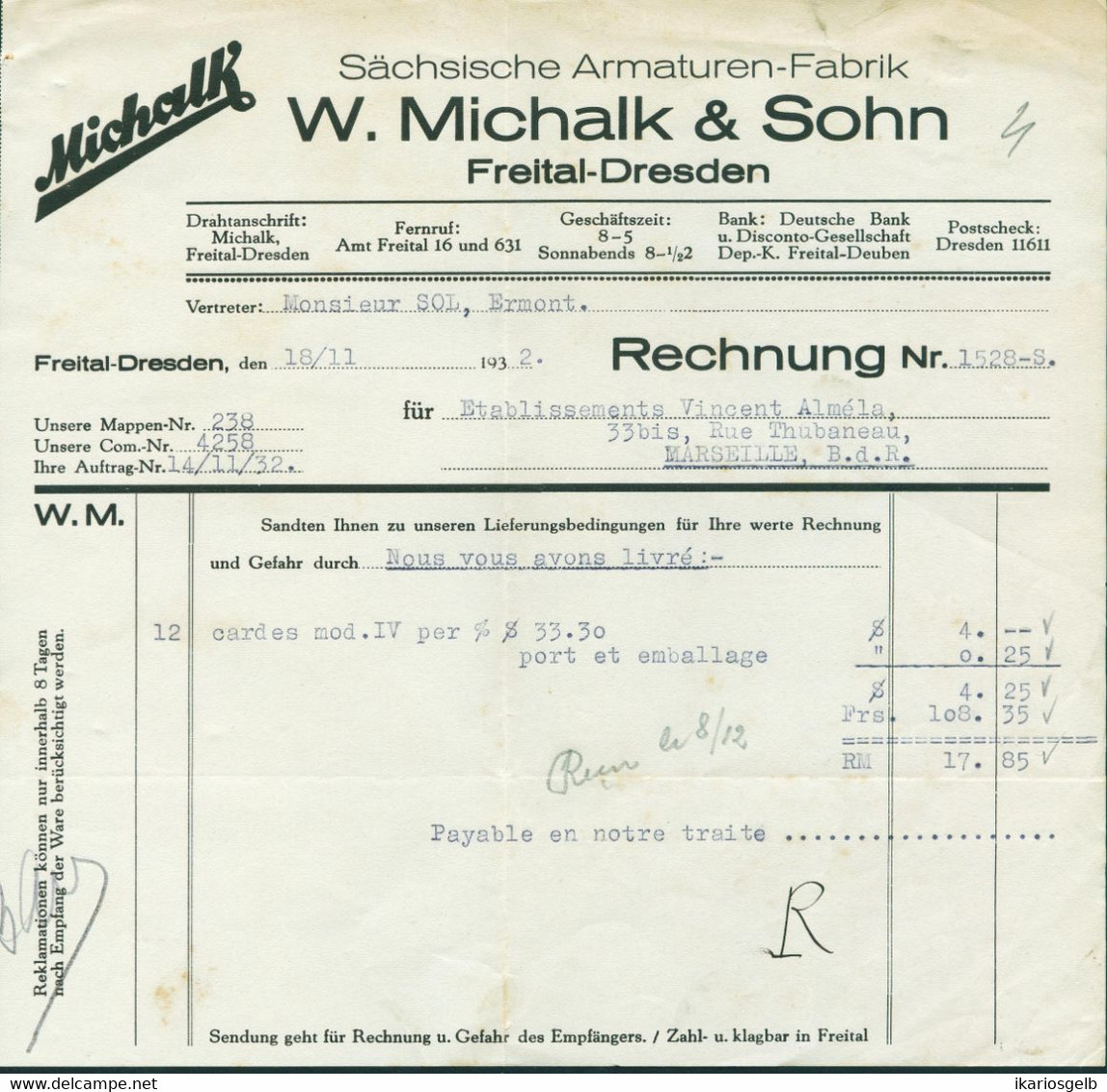 FREITAL B Dresden Sachsen Deko Rechnung 1932 " W.MICHALK & Sohn Armaturenfabrik " - Électricité & Gaz