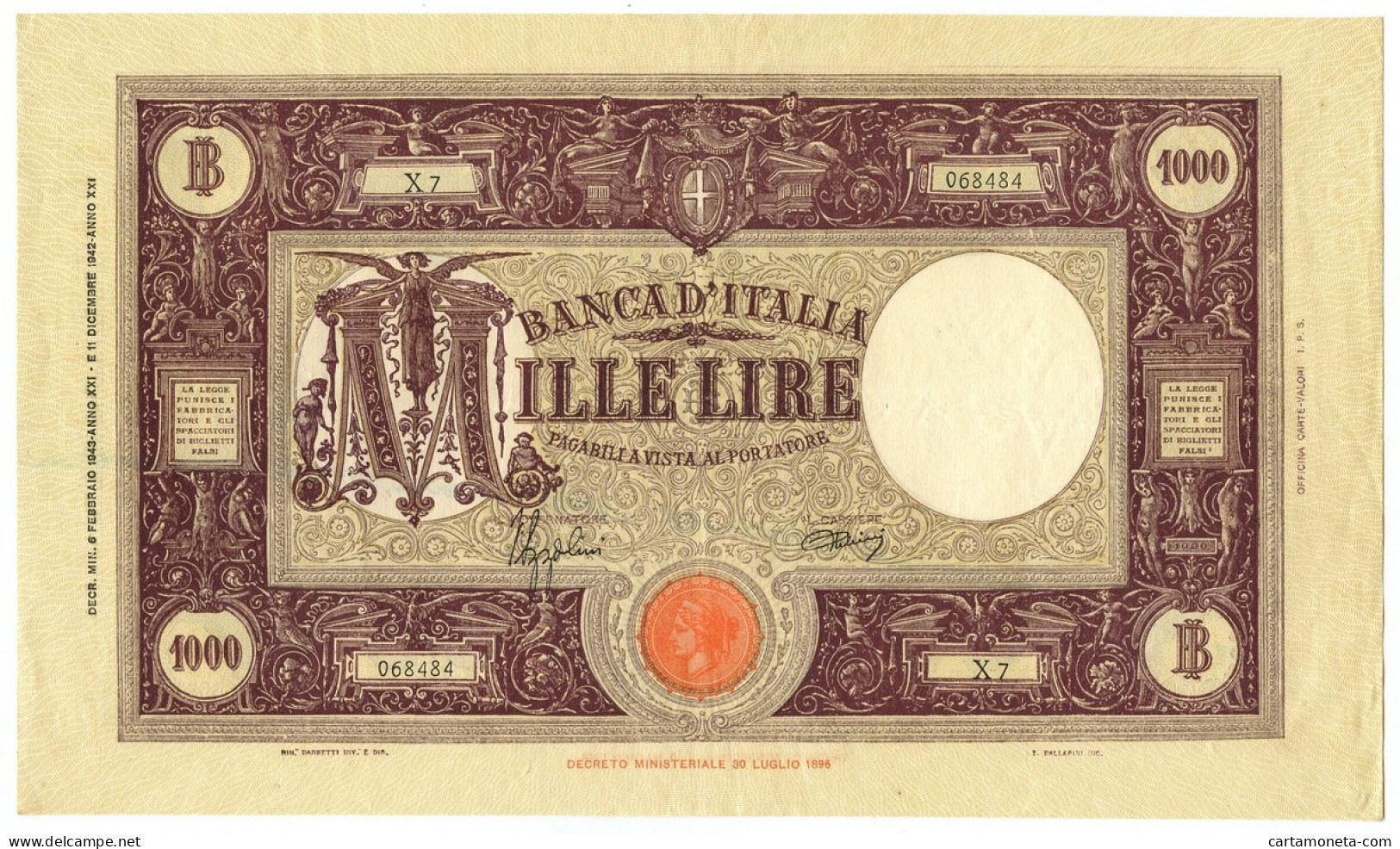 1000 LIRE BARBETTI GRANDE M TESTINA FASCIO II TIPO 06/02/1943 BB/SPL - Regno D'Italia - Altri