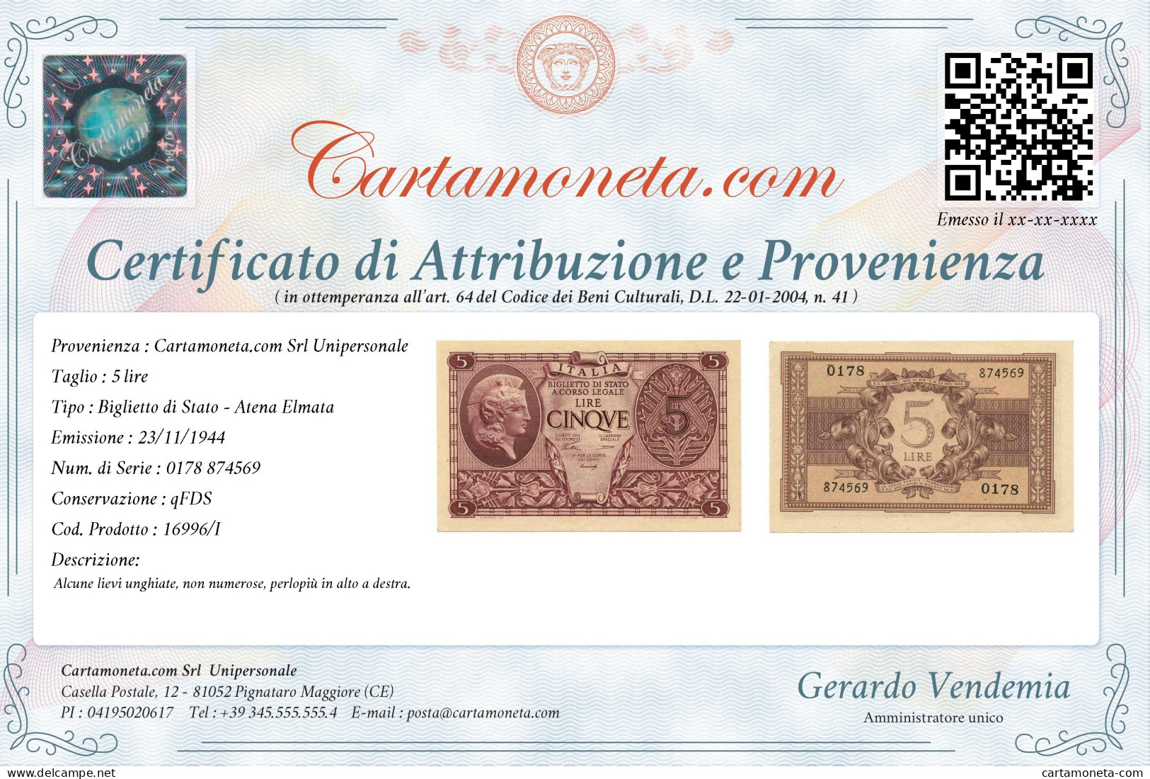 5 LIRE BIGLIETTO DI STATO ATENA LUOGOTENENZA UMBERTO VENTURA 23/11/1944 QFDS - Regno D'Italia – Autres